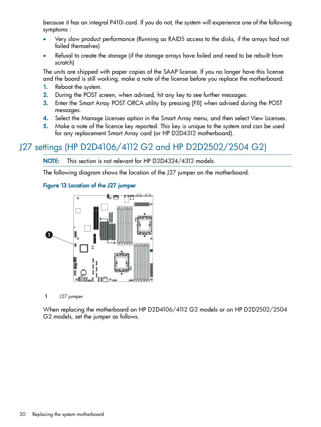 HP D2D4112 G2, D2D4106 G2, D2D4312 G2 J27 settings HP D2D4106/4112 G2 and HP D2D2502/2504 G2, Location of the J27 jumper 