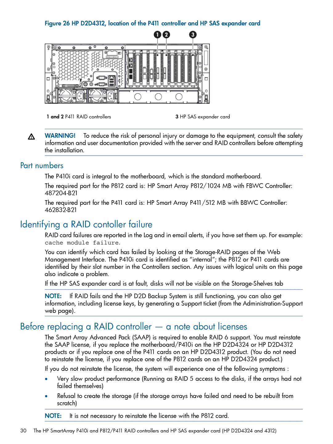 HP D2D4009 G1 Identifying a RAID contoller failure, Before replacing a RAID controller a note about licenses, Part numbers 