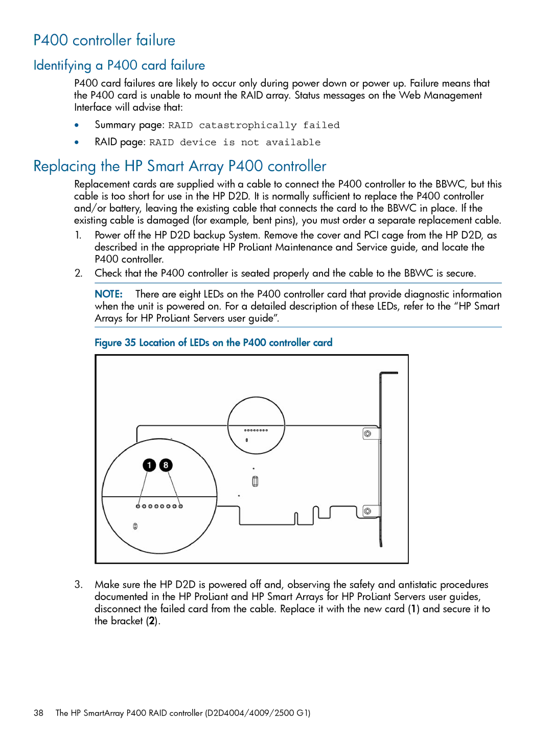 HP D2D4112 G2 manual P400 controller failure, Replacing the HP Smart Array P400 controller, Identifying a P400 card failure 