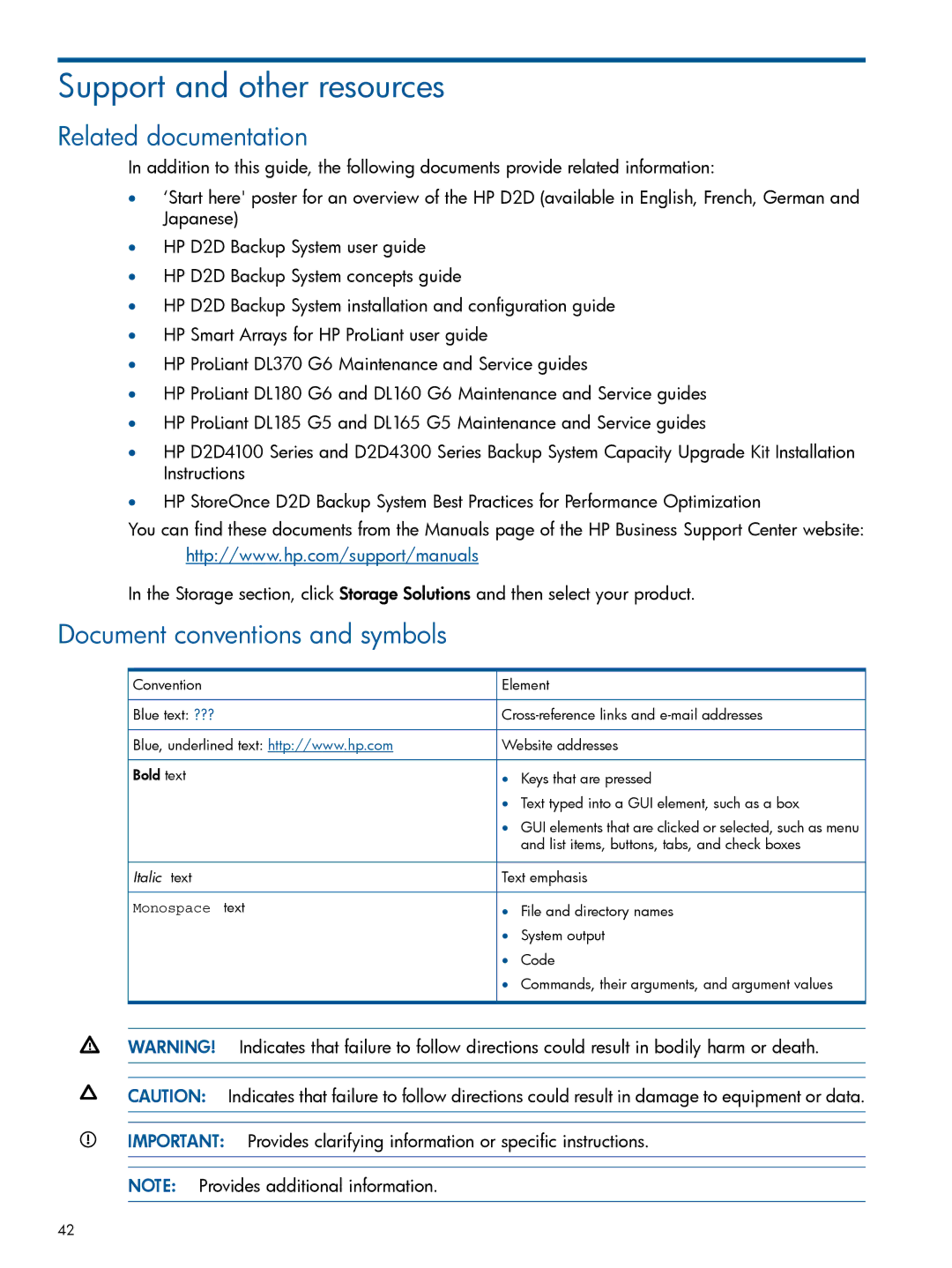 HP D2D2504 G1, D2D4106 G2, D2D4312 G2 Support and other resources, Related documentation, Document conventions and symbols 