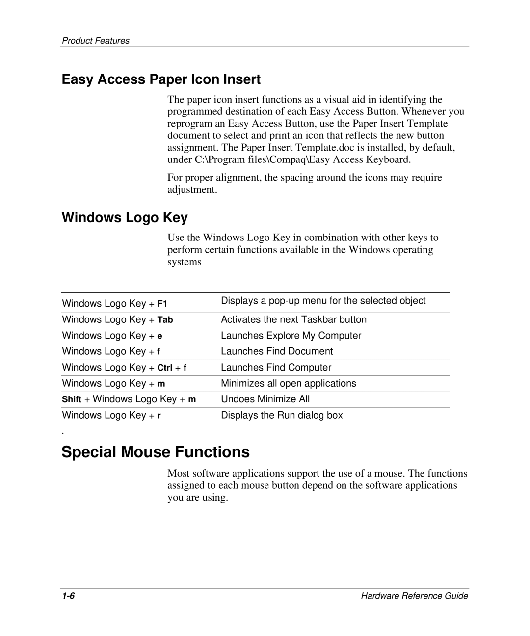 HP D300 manual Special Mouse Functions, Easy Access Paper Icon Insert, Windows Logo Key 