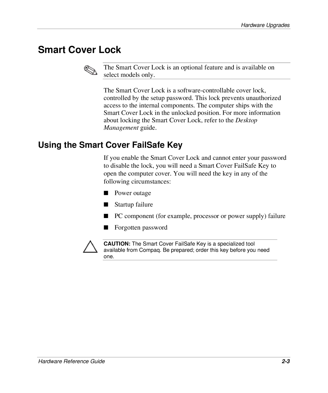 HP D300 manual Smart Cover Lock, Using the Smart Cover FailSafe Key 