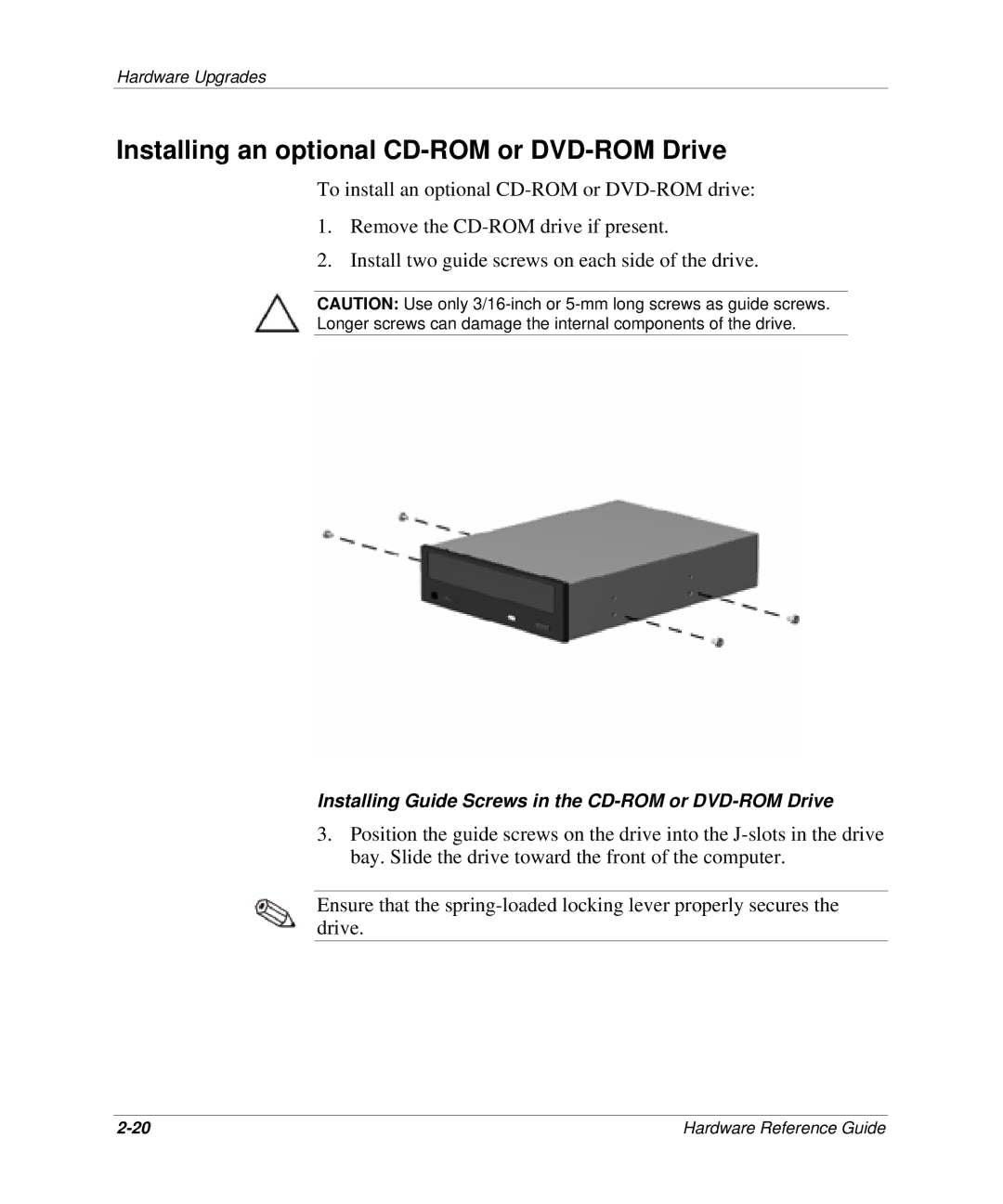 HP D300 manual Installing an optional CD-ROM or DVD-ROM Drive 