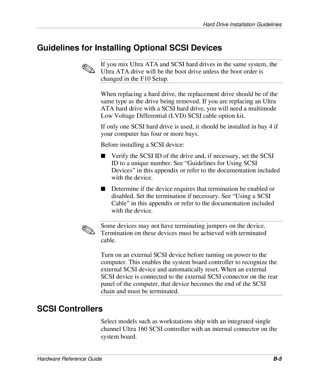 HP D300 manual Guidelines for Installing Optional Scsi Devices, Scsi Controllers 