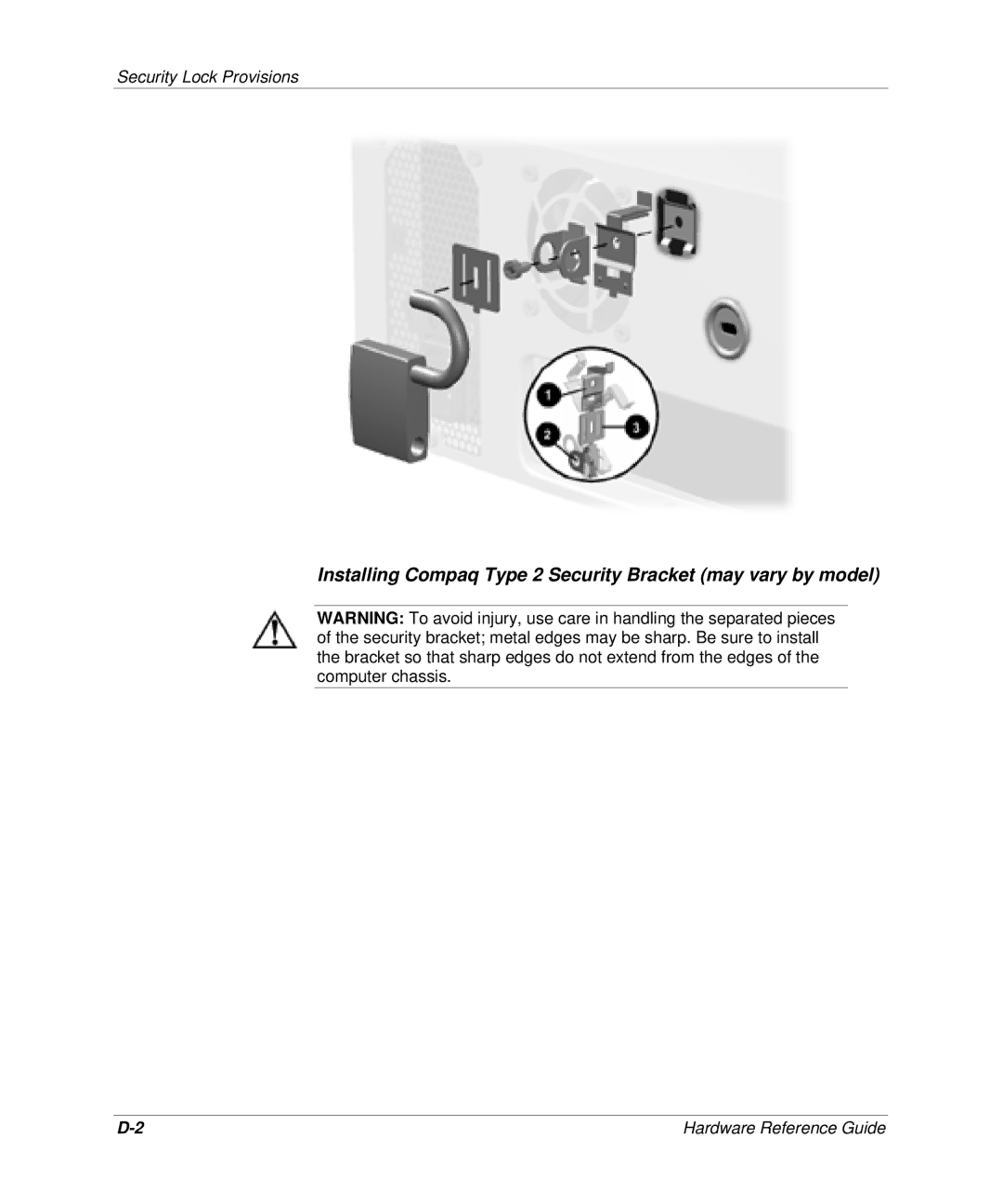 HP D300 manual Installing Compaq Type 2 Security Bracket may vary by model 