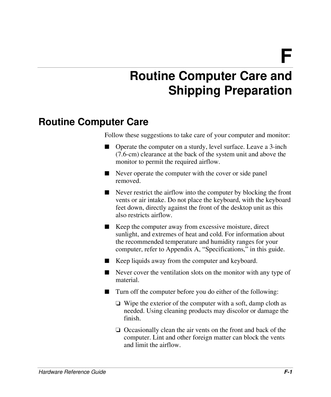 HP D300 manual Routine Computer Care Shipping Preparation 