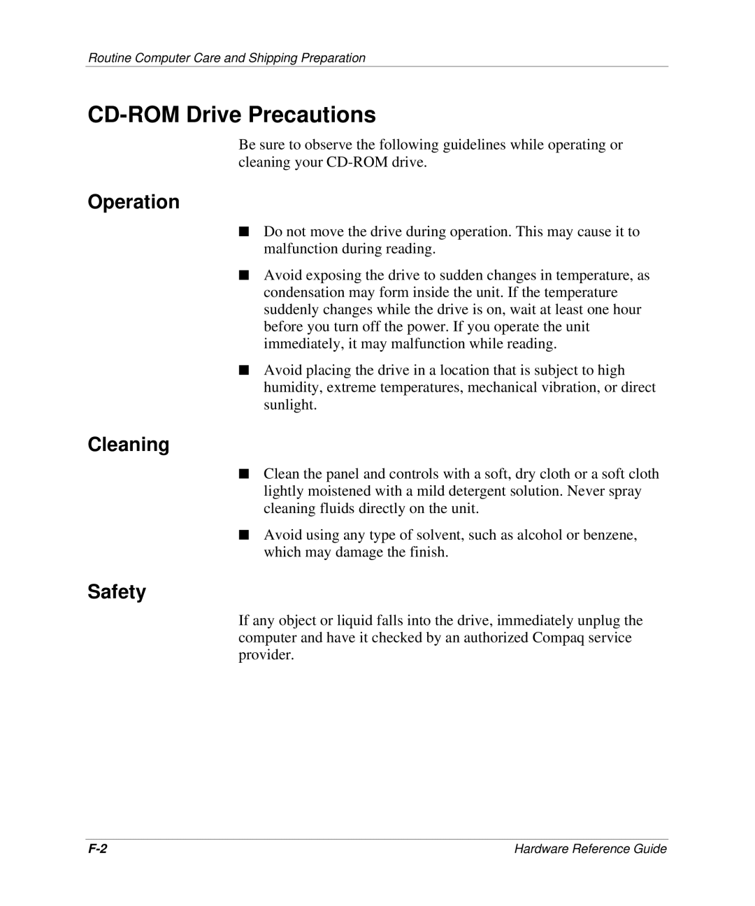 HP D300 manual CD-ROM Drive Precautions, Operation, Cleaning, Safety 