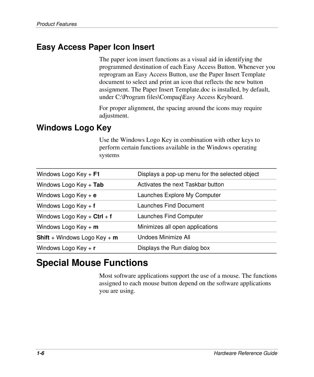 HP D300 manual Special Mouse Functions, Easy Access Paper Icon Insert, Windows Logo Key 