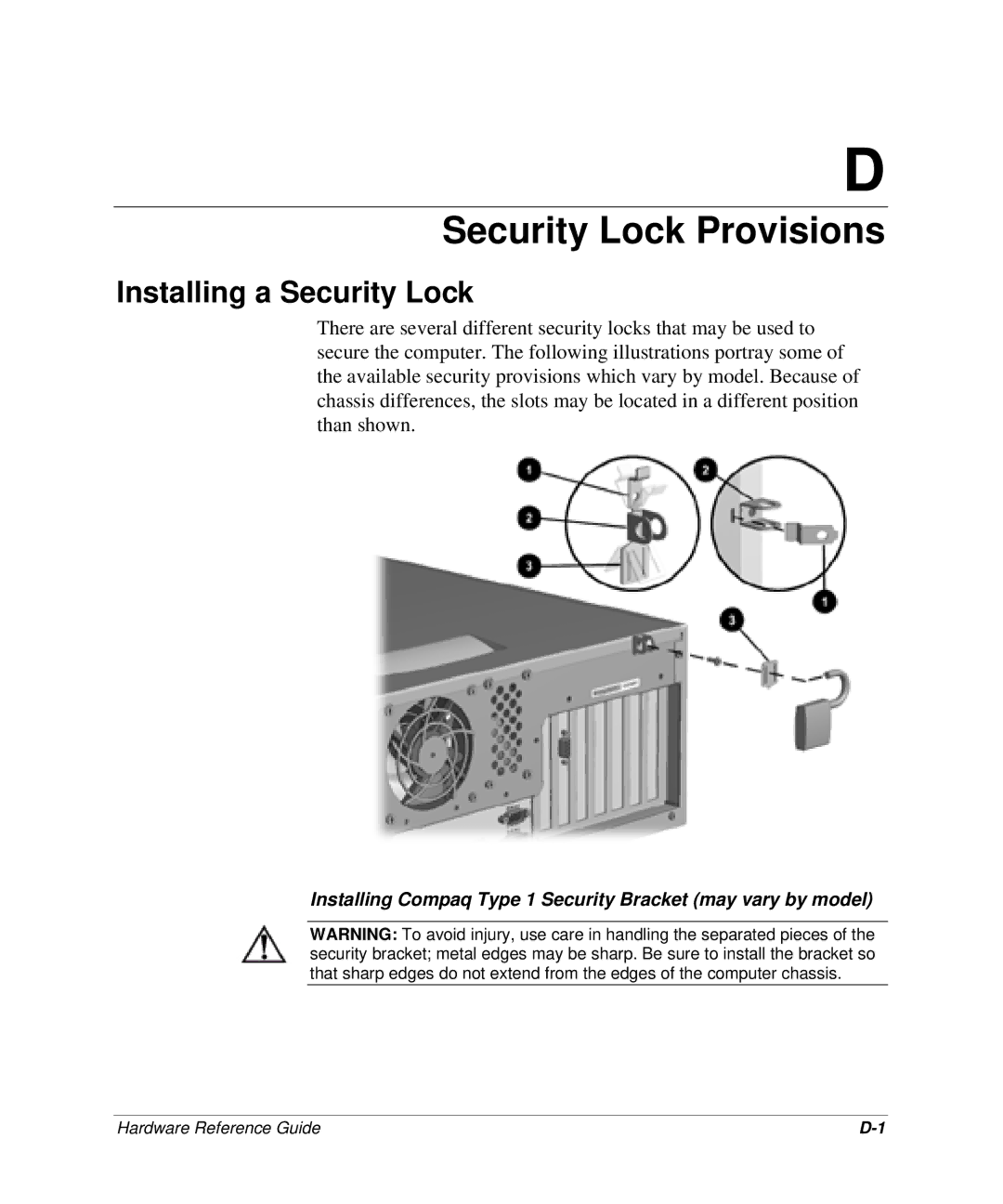 HP D300 manual Security Lock Provisions, Installing a Security Lock 