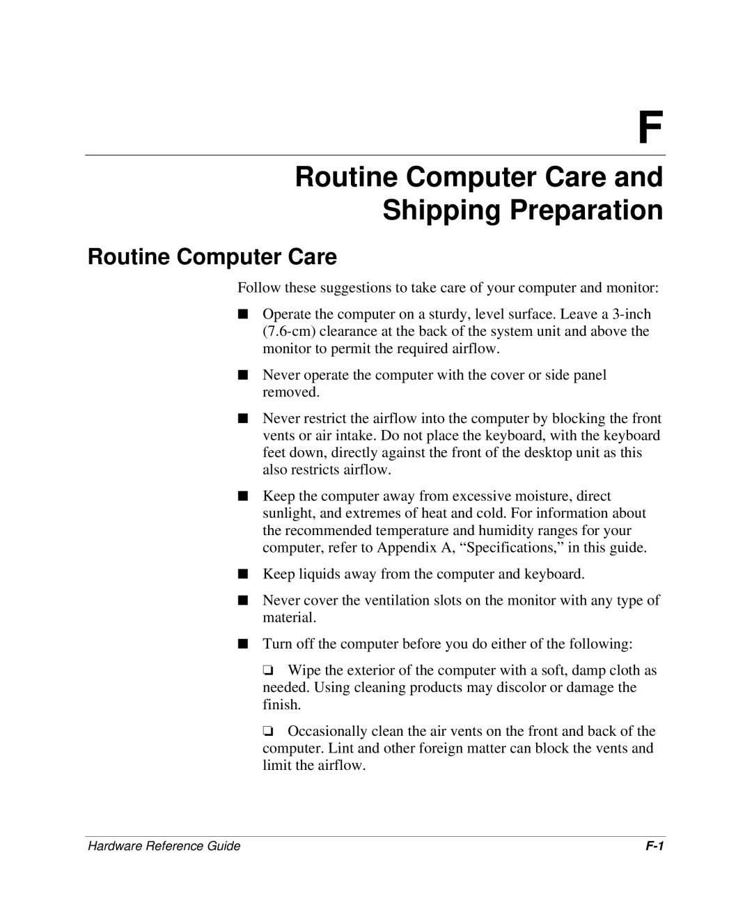 HP D300 manual Routine Computer Care Shipping Preparation 