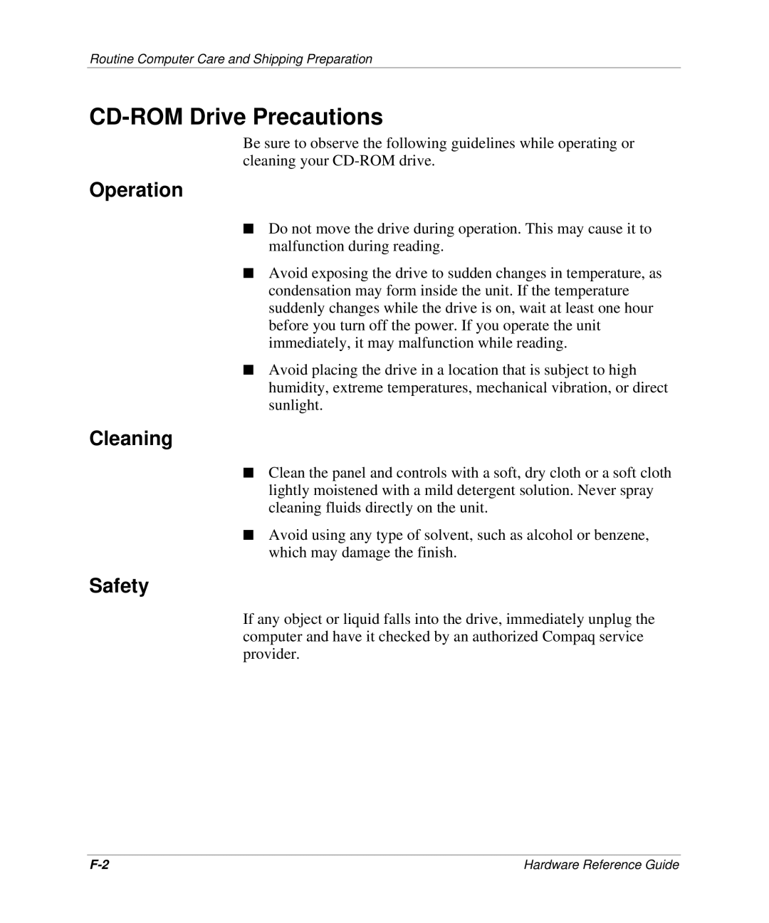 HP D300 manual CD-ROM Drive Precautions, Operation, Cleaning, Safety 