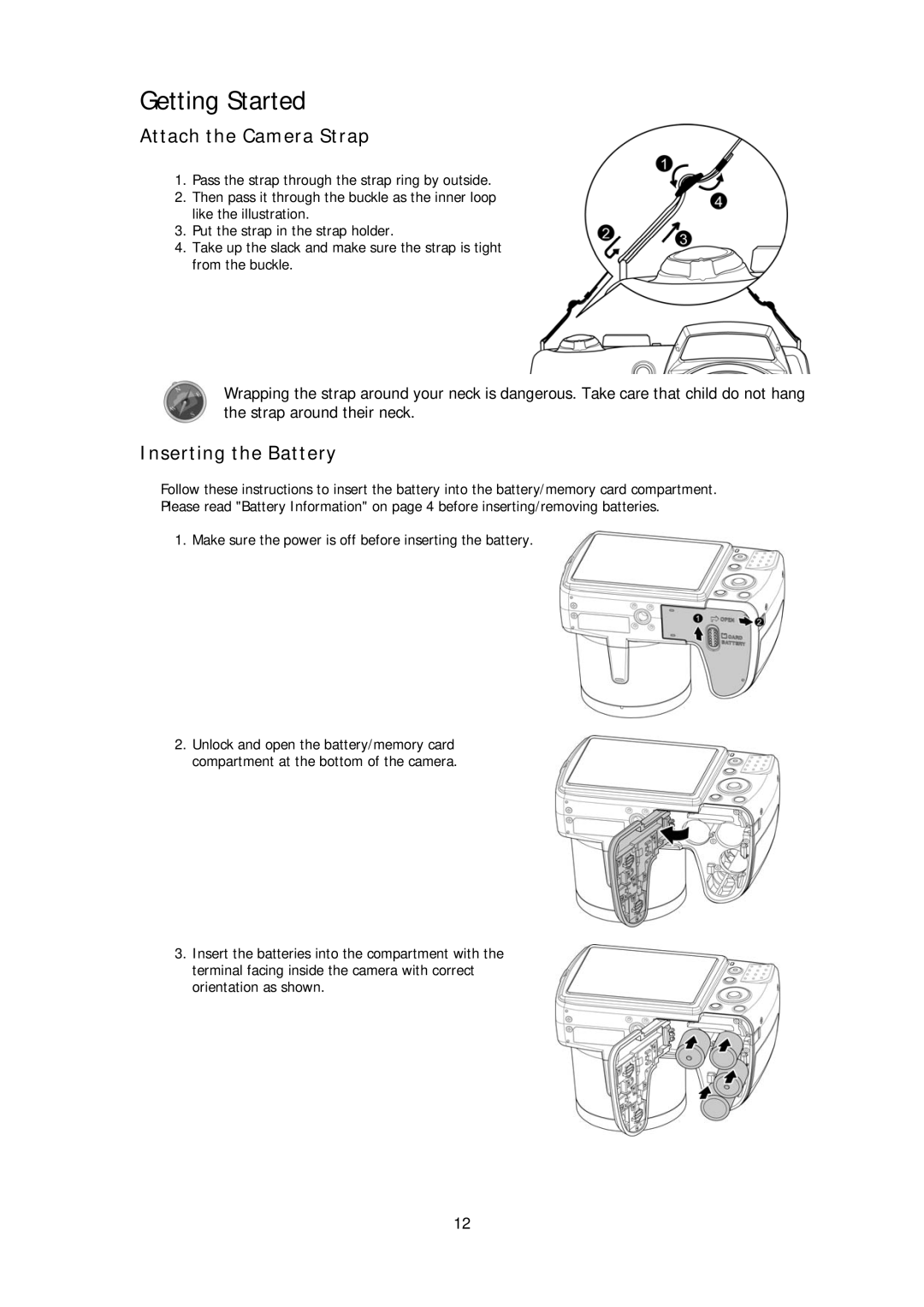 HP d3000 manual Getting Started, Attach the Camera Strap, Inserting the Battery 