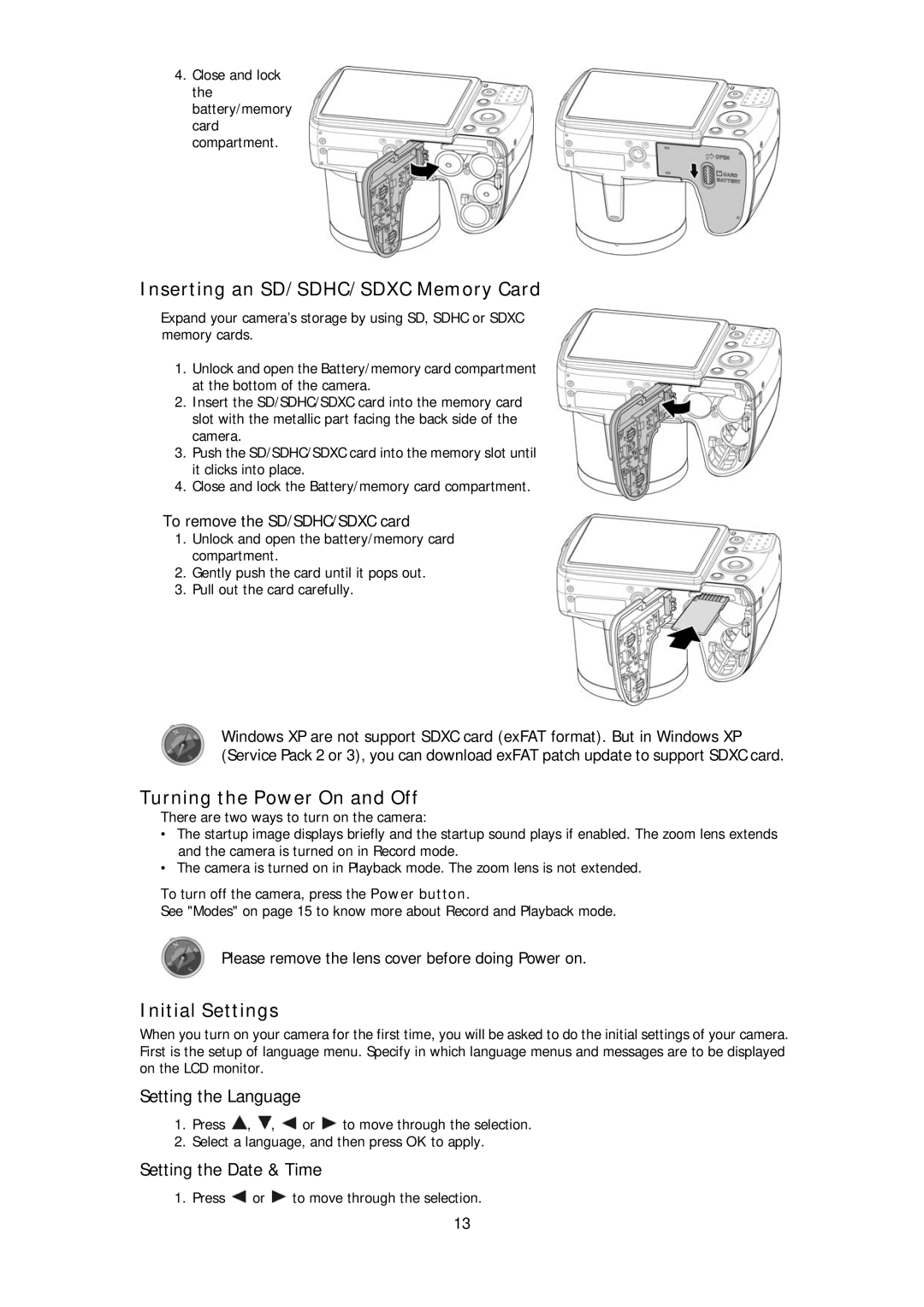 HP d3000 manual Inserting an SD/SDHC/SDXC Memory Card, Turning the Power On and Off, Initial Settings 