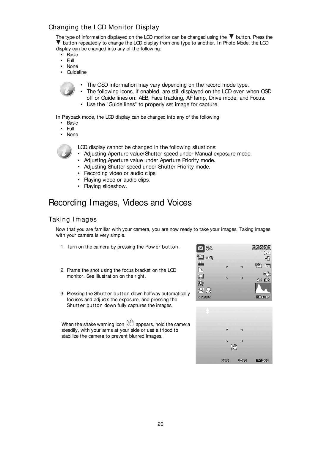 HP d3000 manual Recording Images, Videos and Voices, Changing the LCD Monitor Display, Taking Images 