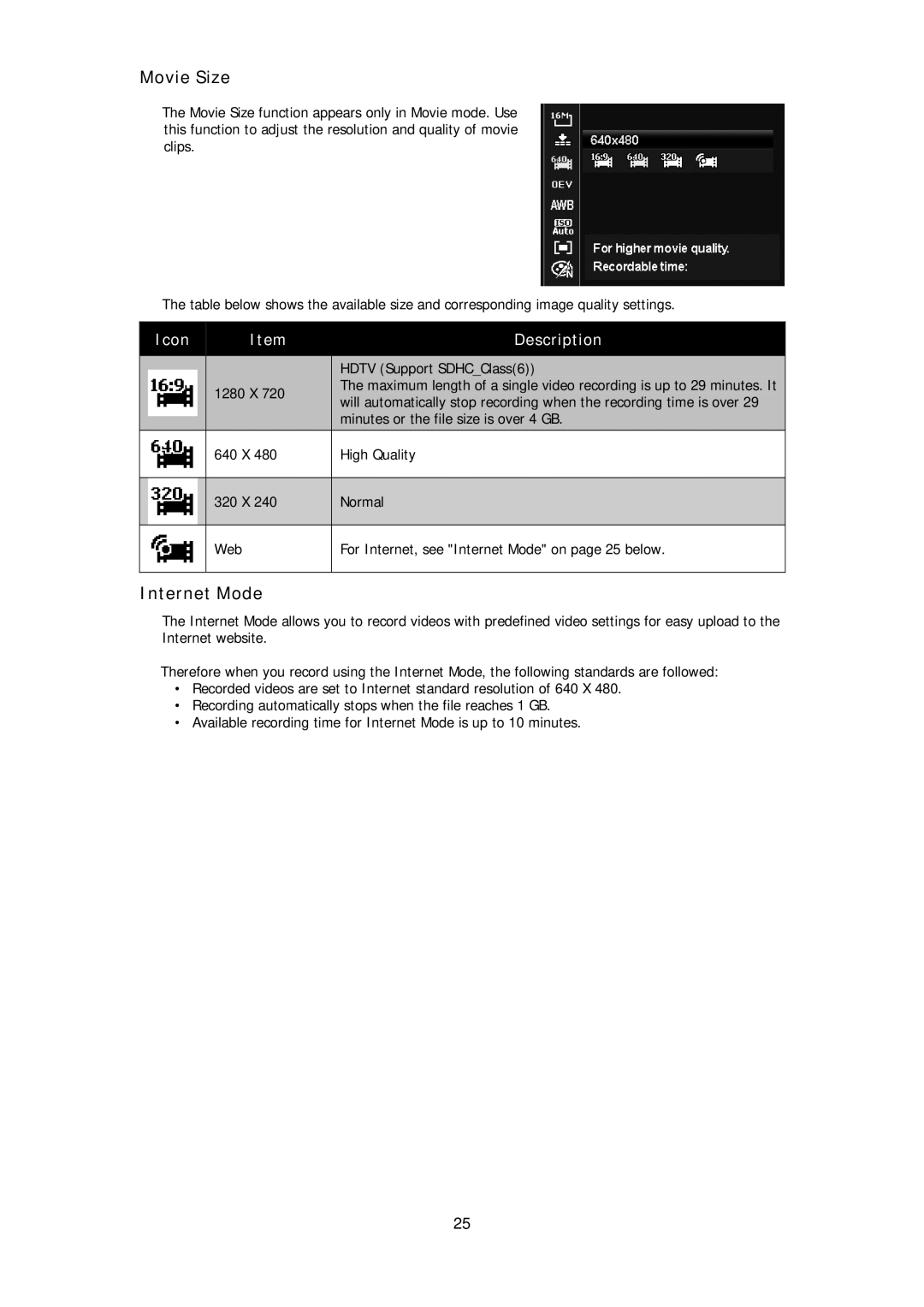 HP d3000 manual Movie Size, Internet Mode 