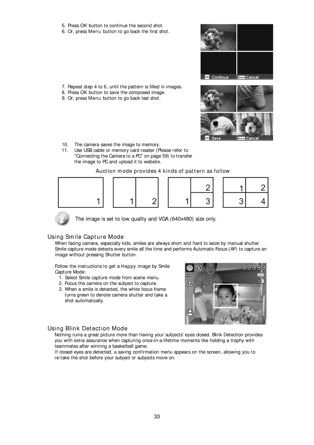 HP d3000 manual Using Smile Capture Mode, Using Blink Detection Mode, Image is set to low quality and VGA 640x480 size only 