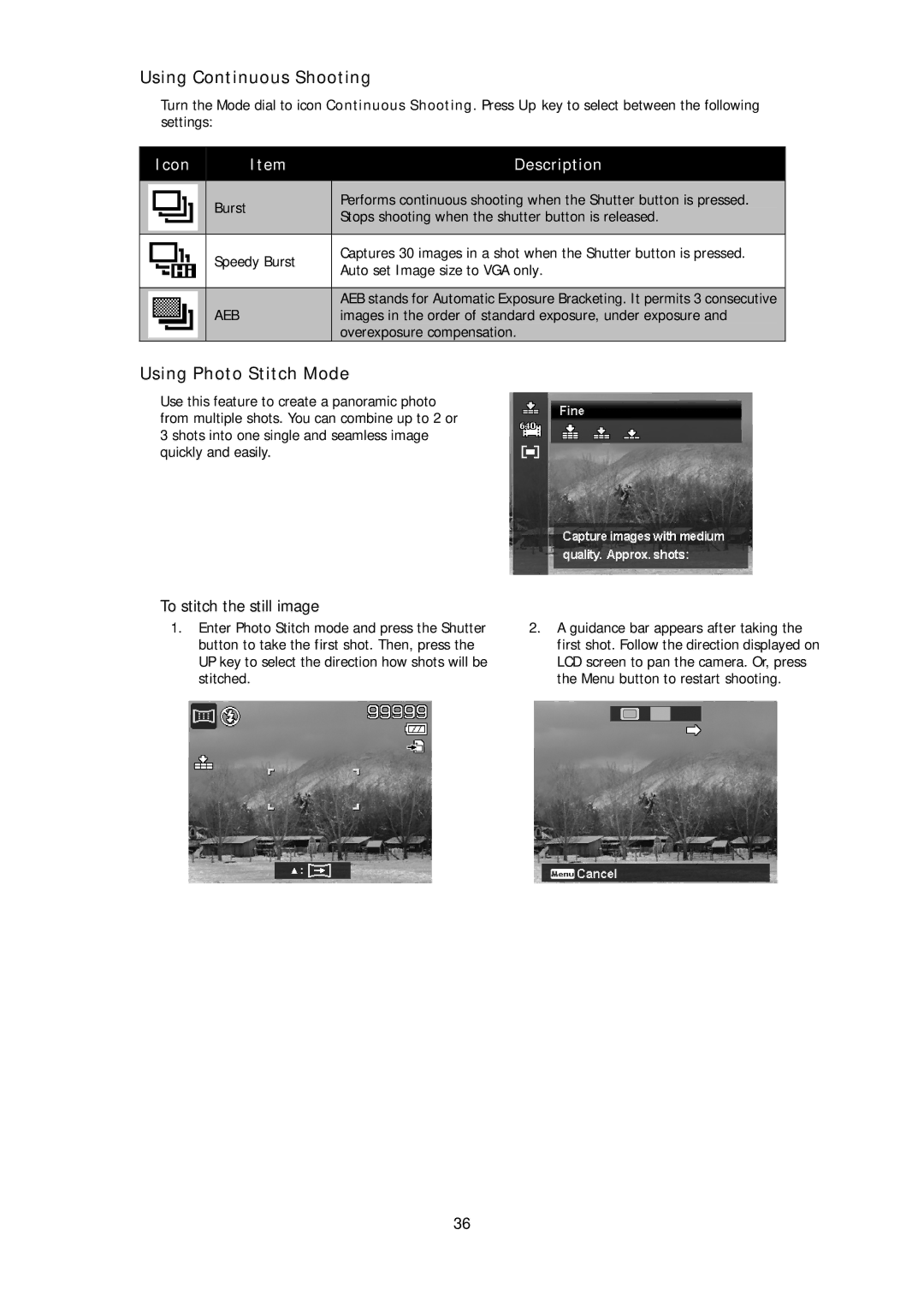 HP d3000 manual Using Continuous Shooting, Using Photo Stitch Mode, To stitch the still image 