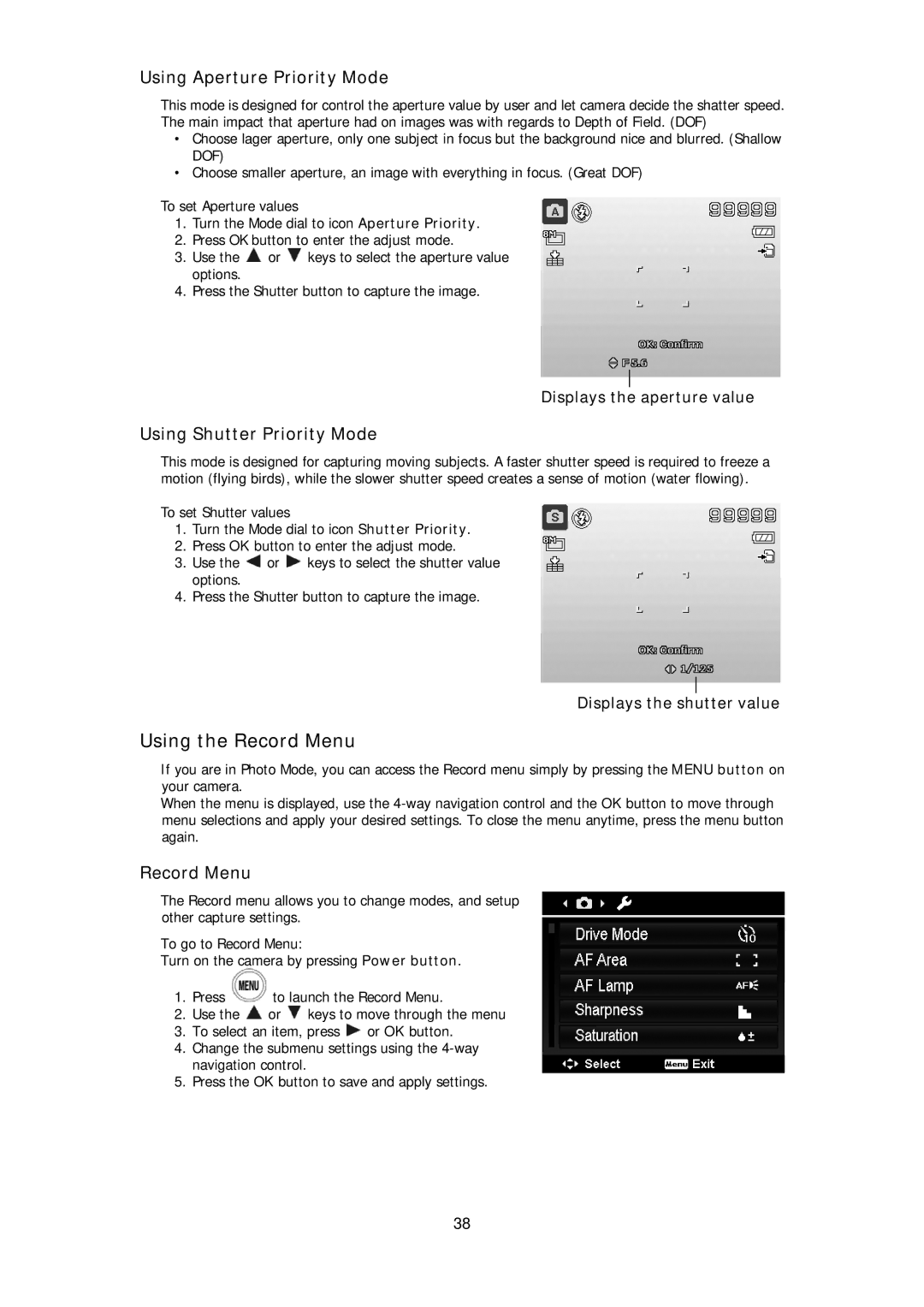 HP d3000 manual Using the Record Menu, Using Aperture Priority Mode, Using Shutter Priority Mode 