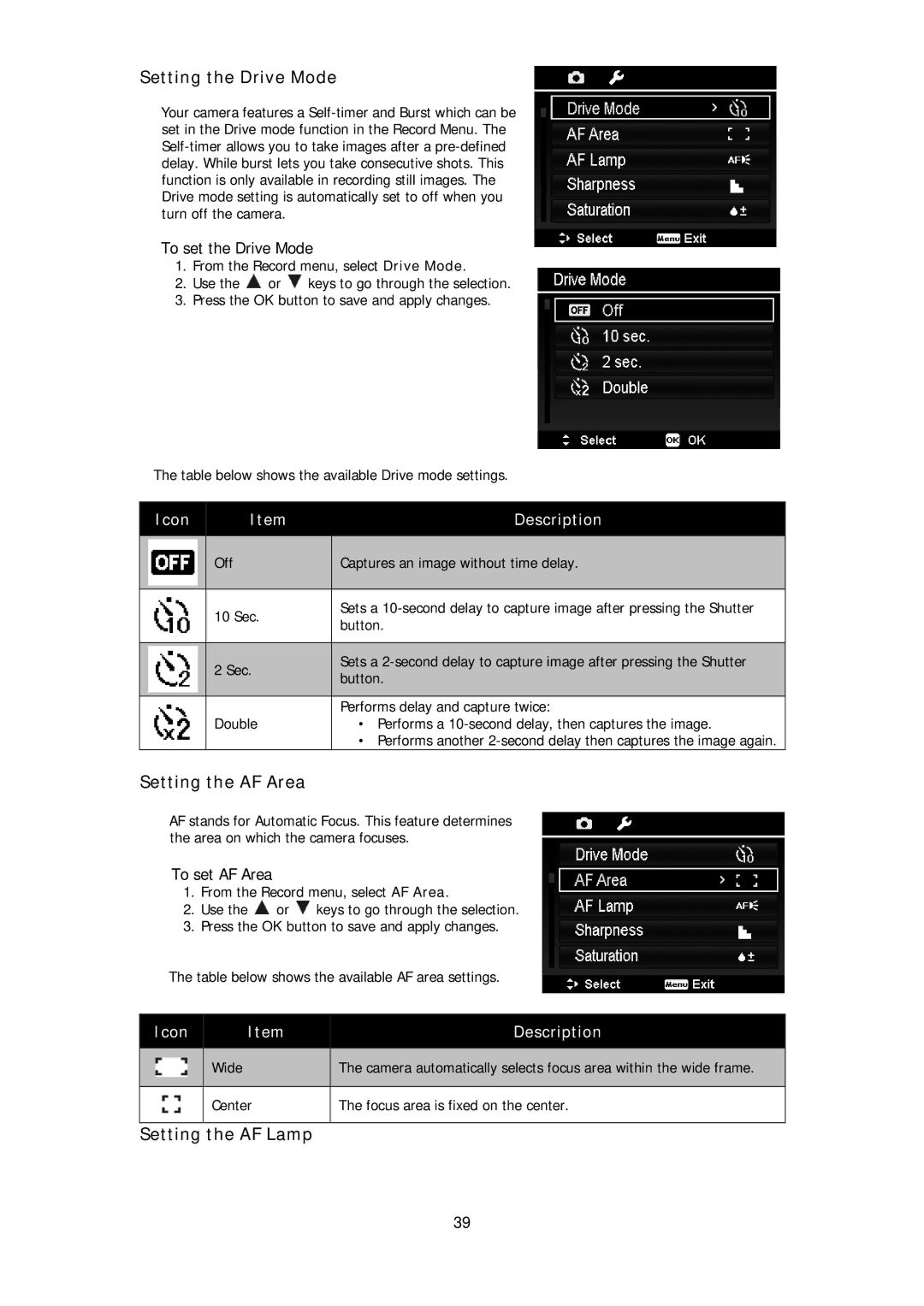 HP d3000 manual Setting the Drive Mode, Setting the AF Area, Setting the AF Lamp, To set the Drive Mode, To set AF Area 