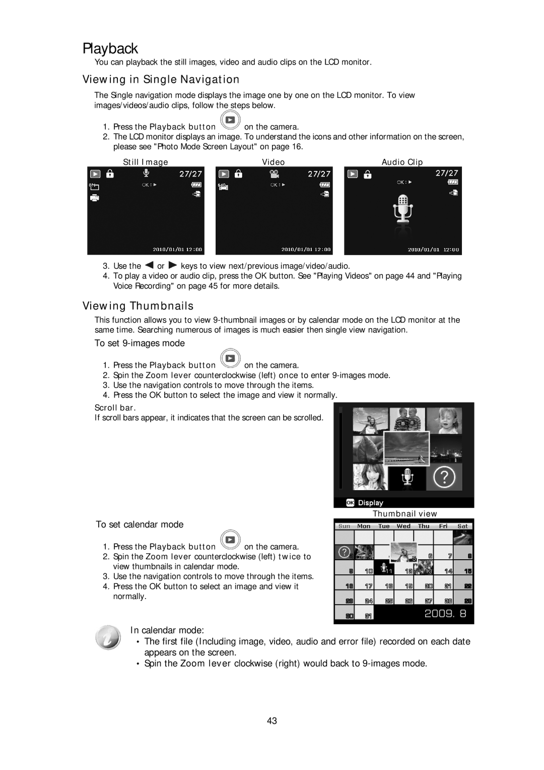 HP d3000 manual Playback, Viewing in Single Navigation, Viewing Thumbnails, To set 9-images mode, To set calendar mode 