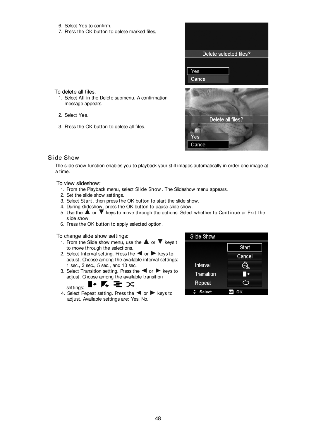 HP d3000 manual Slide Show, To delete all files, To view slideshow, To change slide show settings 