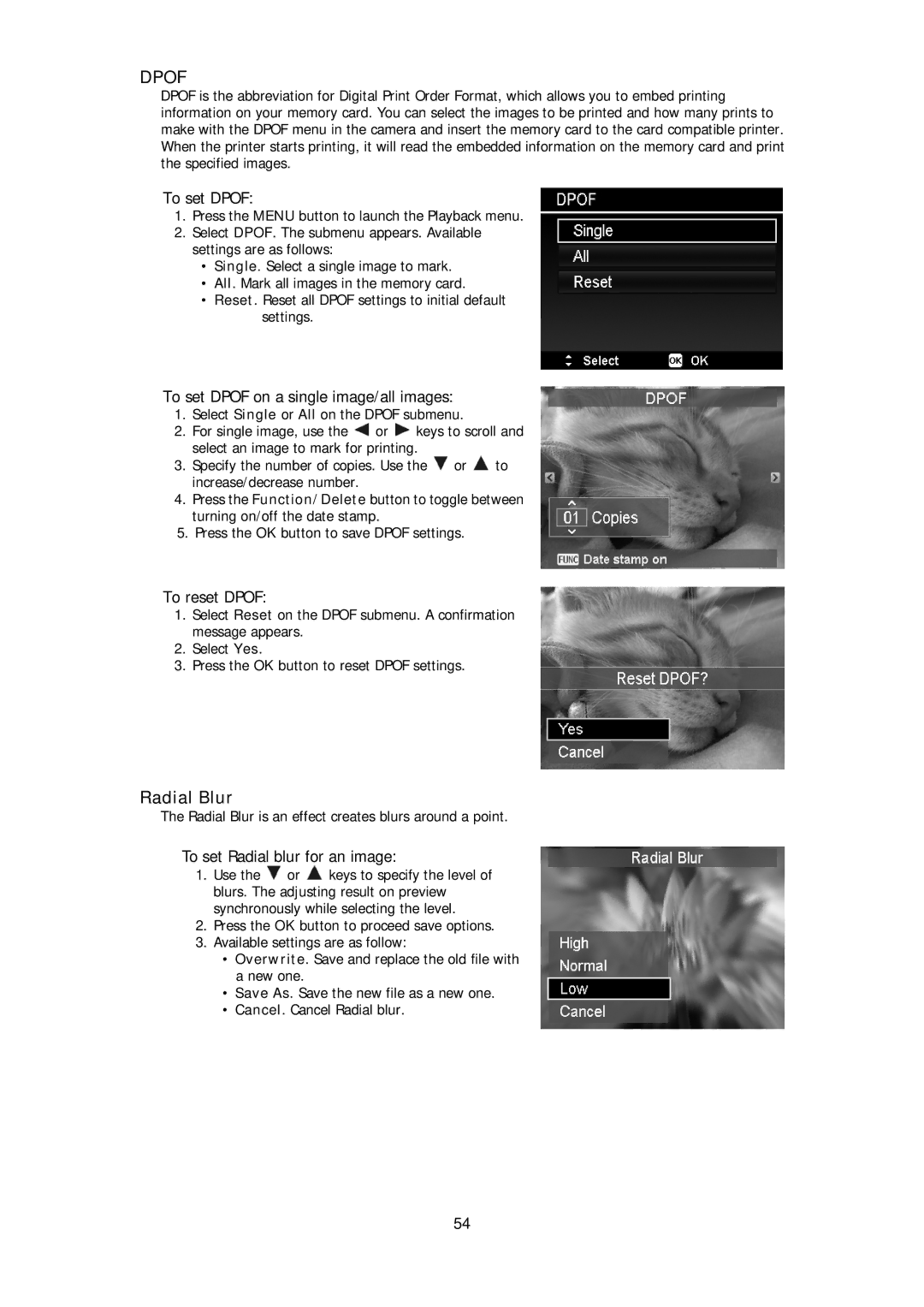 HP d3000 manual Radial Blur, To set Dpof on a single image/all images, To reset Dpof, To set Radial blur for an image 