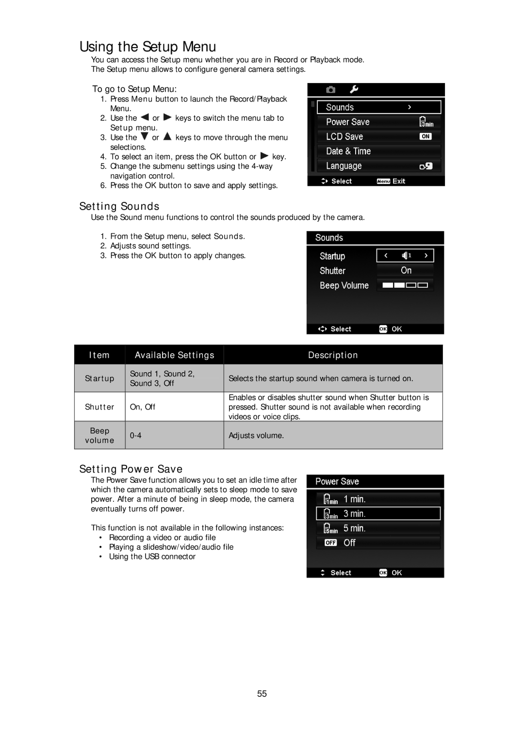 HP d3000 manual Using the Setup Menu, Setting Sounds, Setting Power Save, To go to Setup Menu 