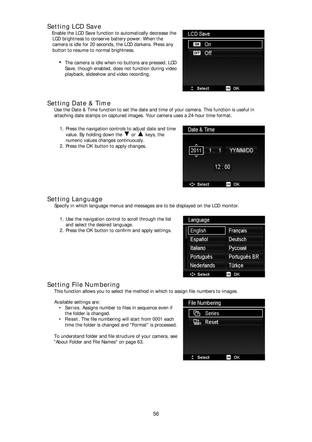 HP d3000 manual Setting LCD Save, Setting Date & Time, Setting Language, Setting File Numbering 