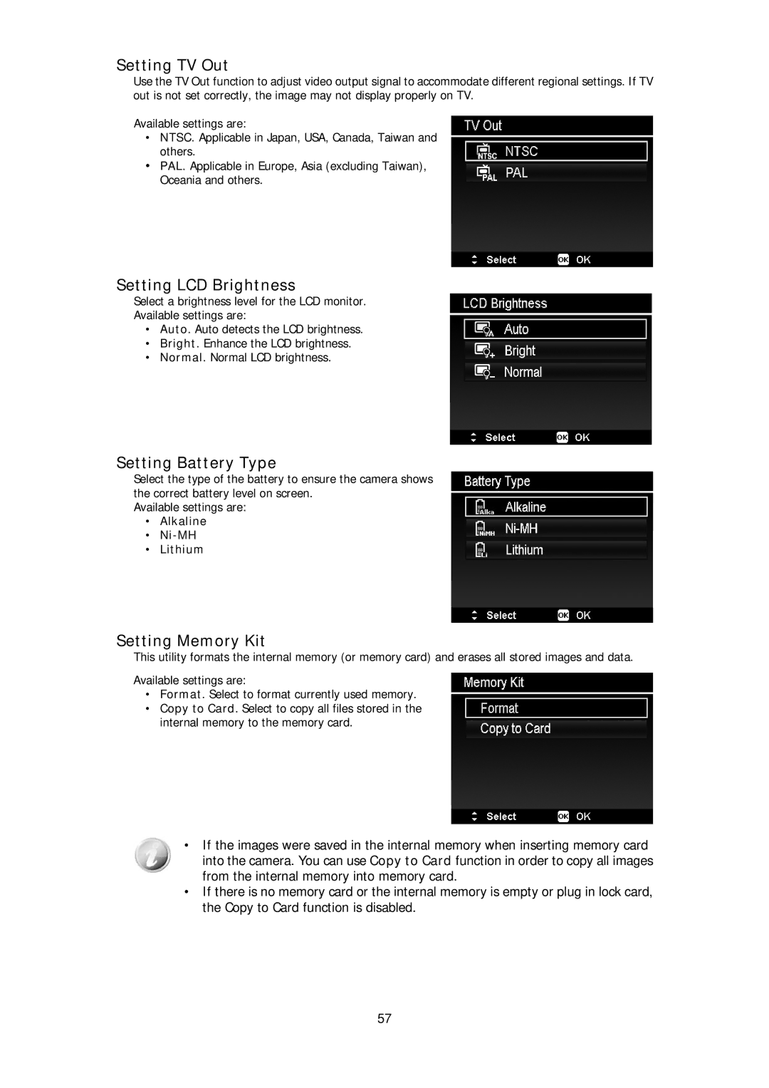 HP d3000 manual Setting TV Out, Setting LCD Brightness, Setting Battery Type, Setting Memory Kit 