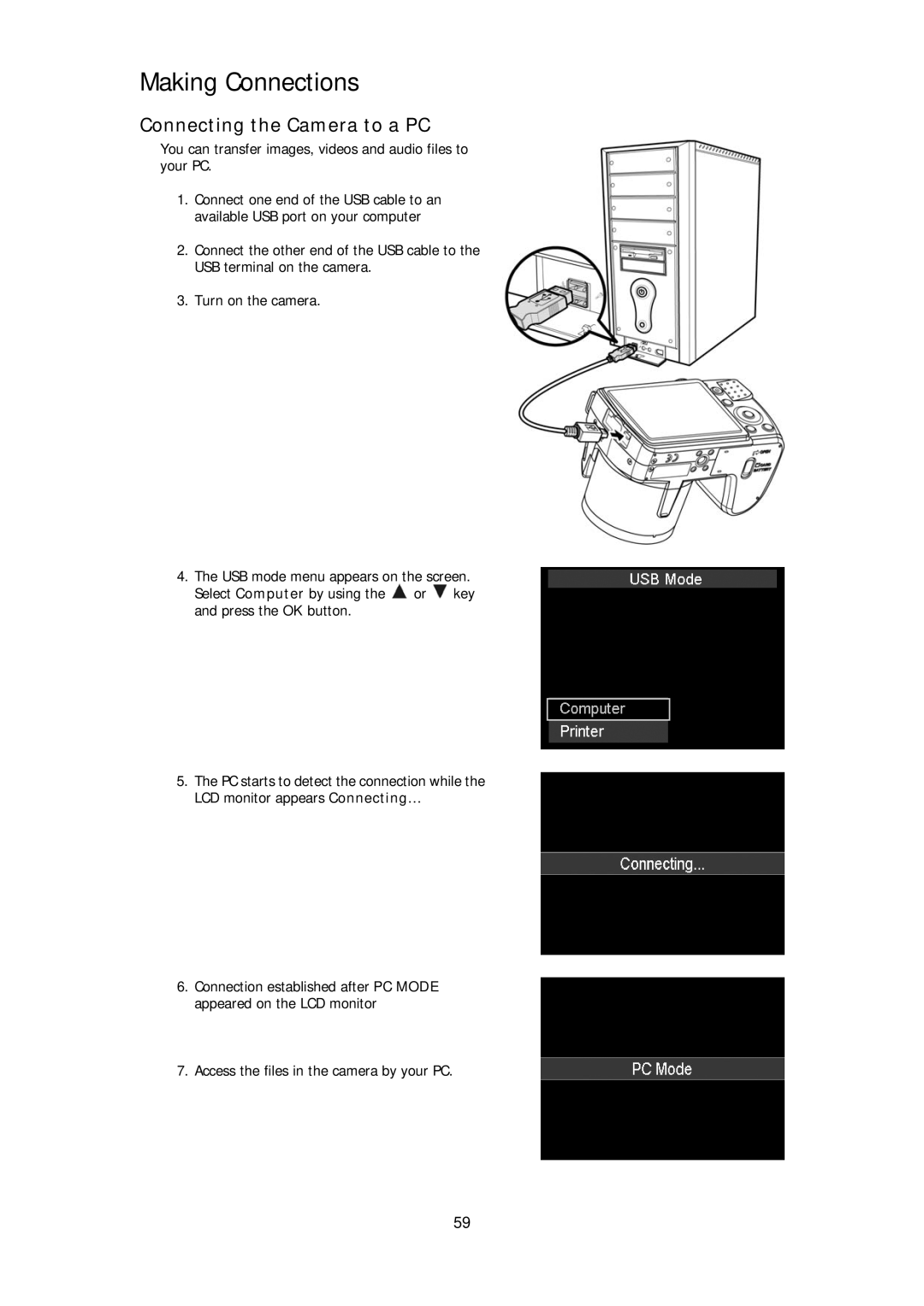 HP d3000 manual Making Connections, Connecting the Camera to a PC 