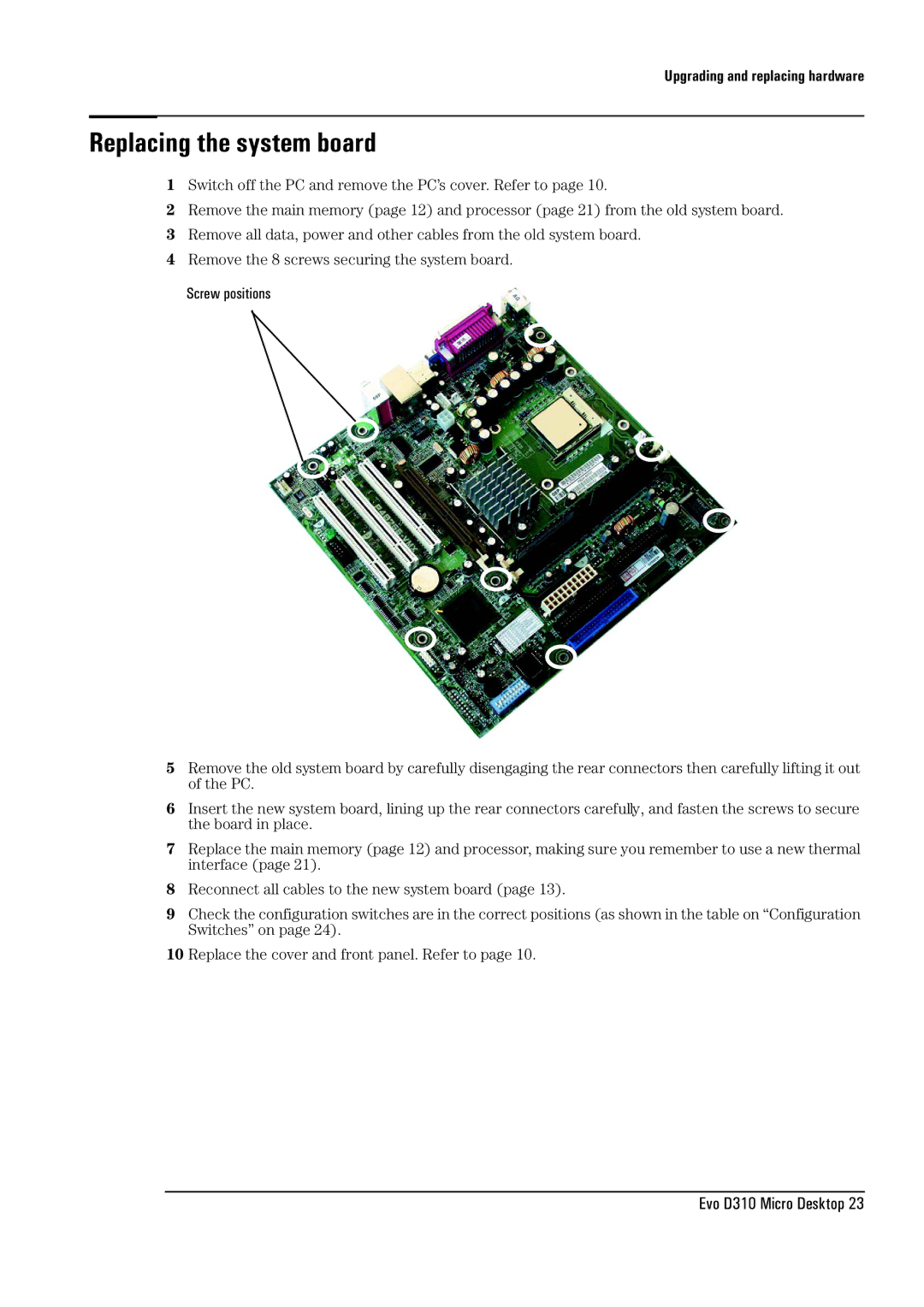 HP D310 Micro manual Replacing the system board 