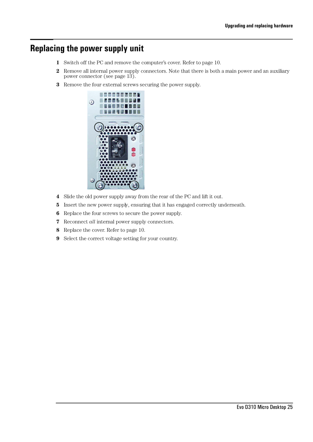 HP D310 Micro manual Replacing the power supply unit 