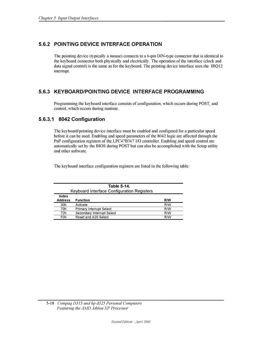 HP D315 Pointing Device Interface Operation, KEYBOARD/POINTING Device Interface Programming, 3.1 8042 Configuration, Index 