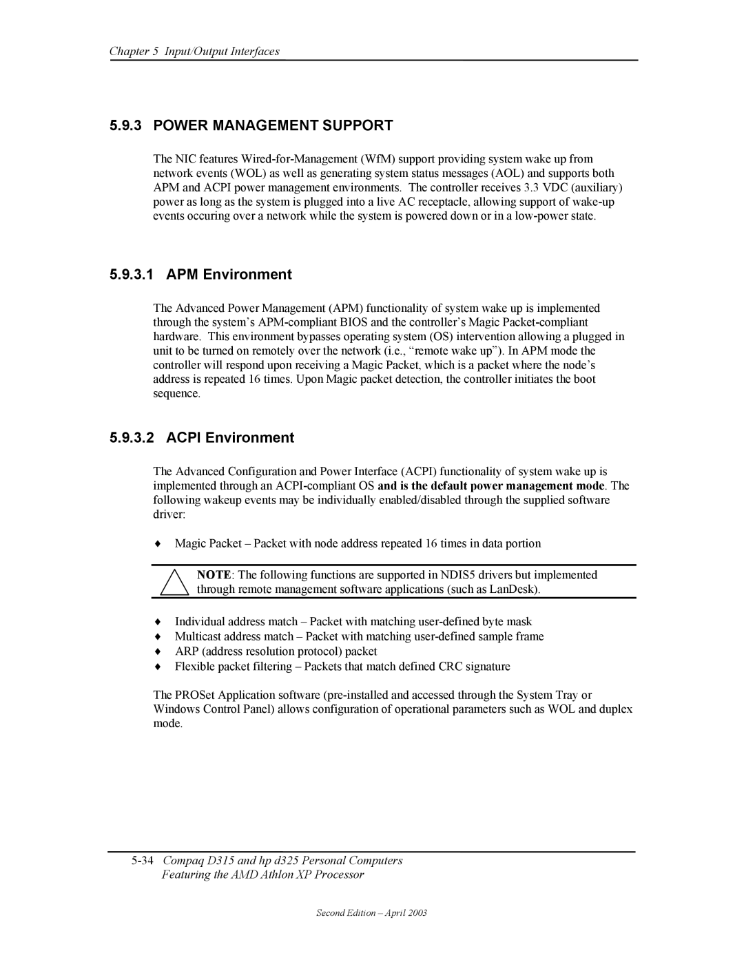 HP D315 manual Power Management Support, APM Environment, Acpi Environment 