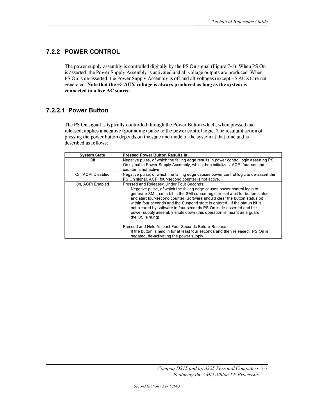 HP D315 manual Power Control, System State Pressed Power Button Results 