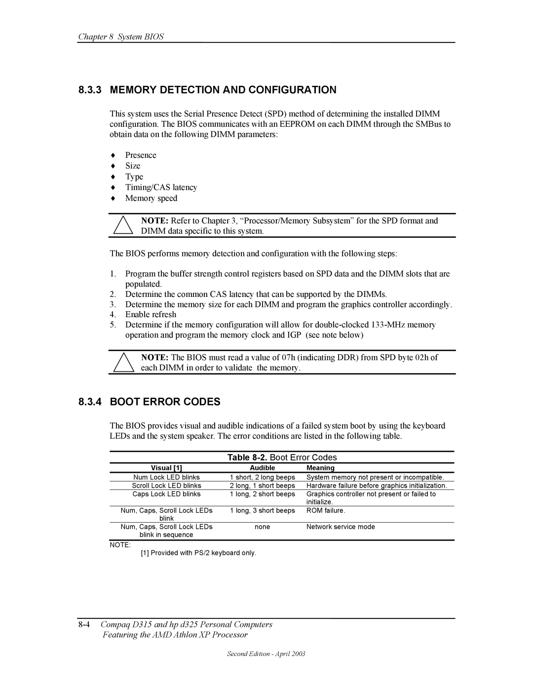 HP D315 manual Memory Detection and Configuration, Boot Error Codes, Visual Audible Meaning 