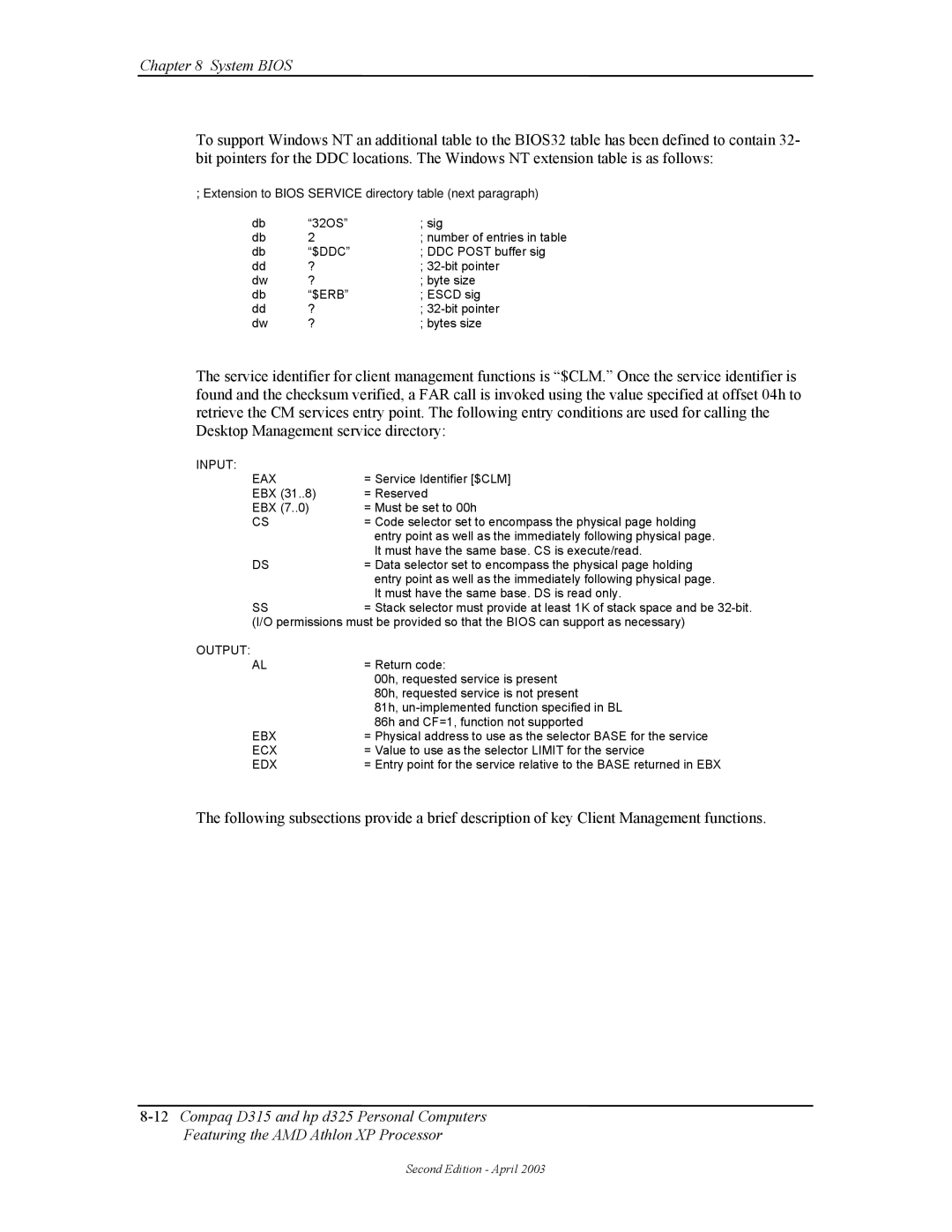 HP D315 manual Input EAX, Output, Ebx, Ecx, Edx 