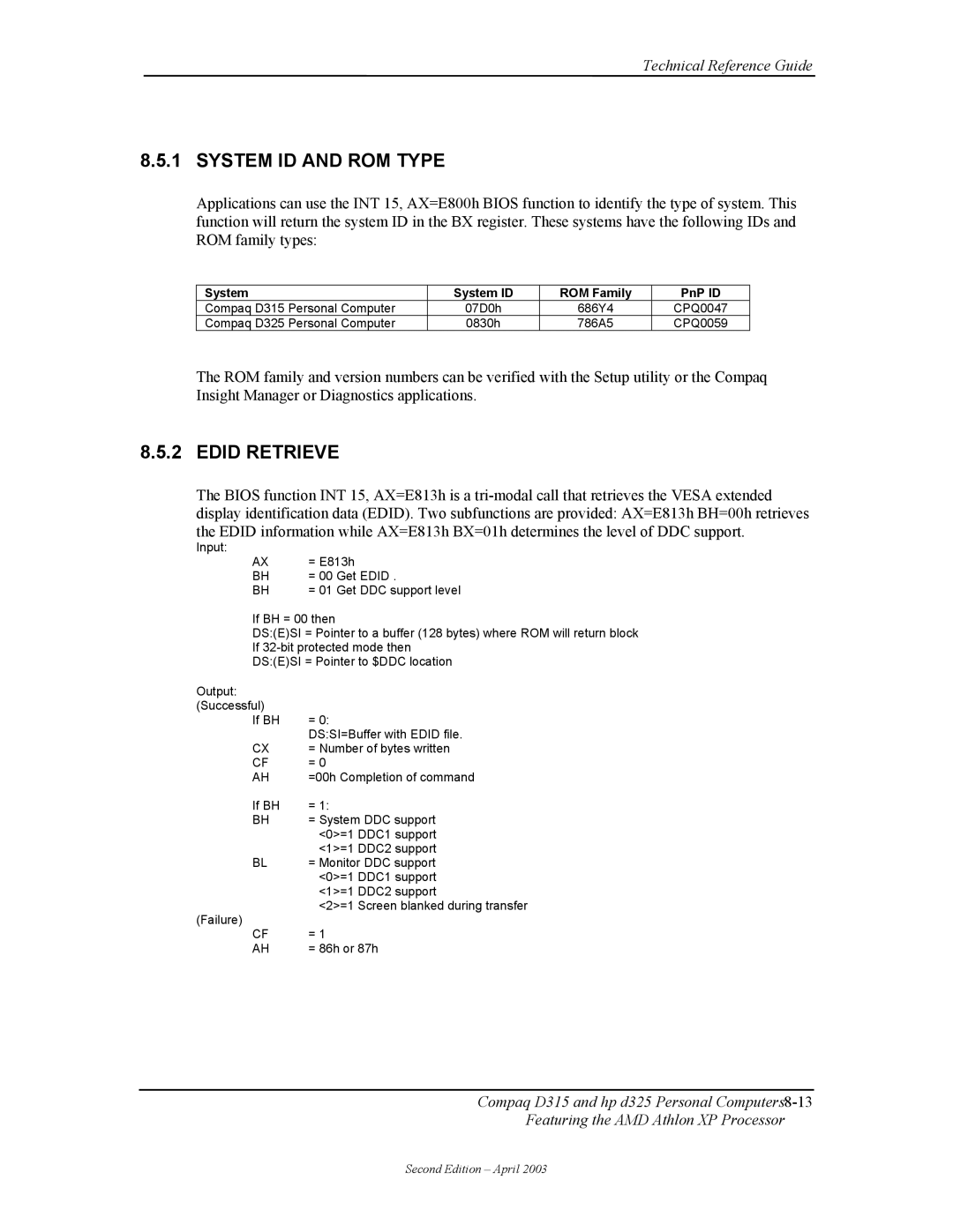 HP D315 manual System ID and ROM Type, Edid Retrieve, System System ID ROM Family PnP ID 