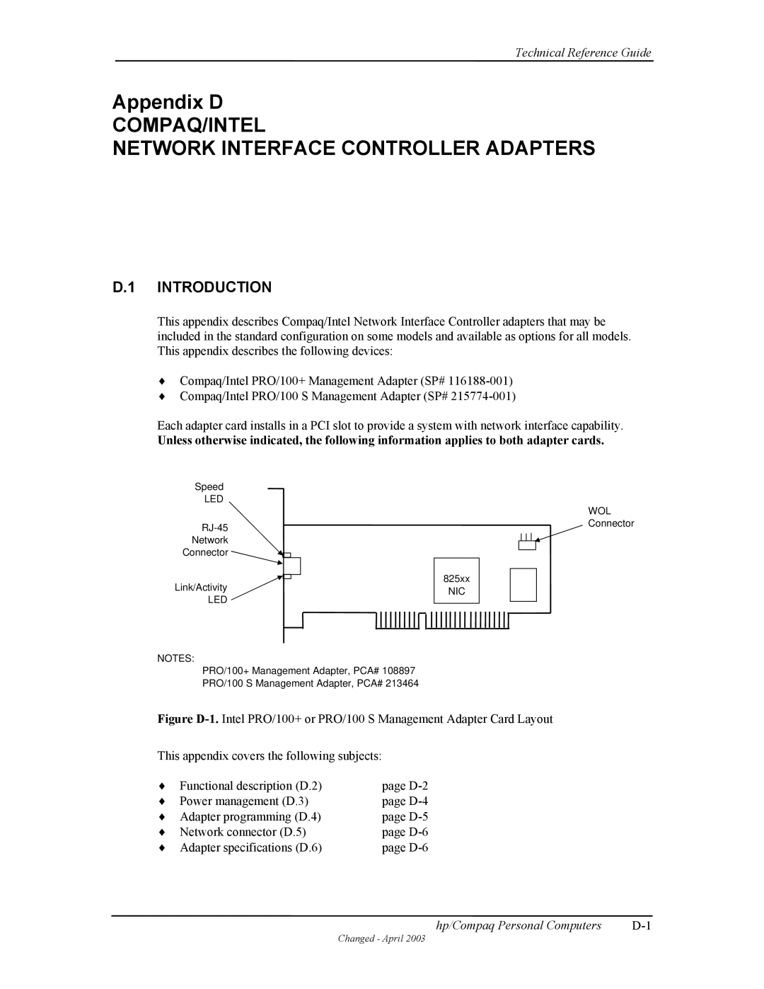 HP D315 manual Network Interface Controller Adapters 