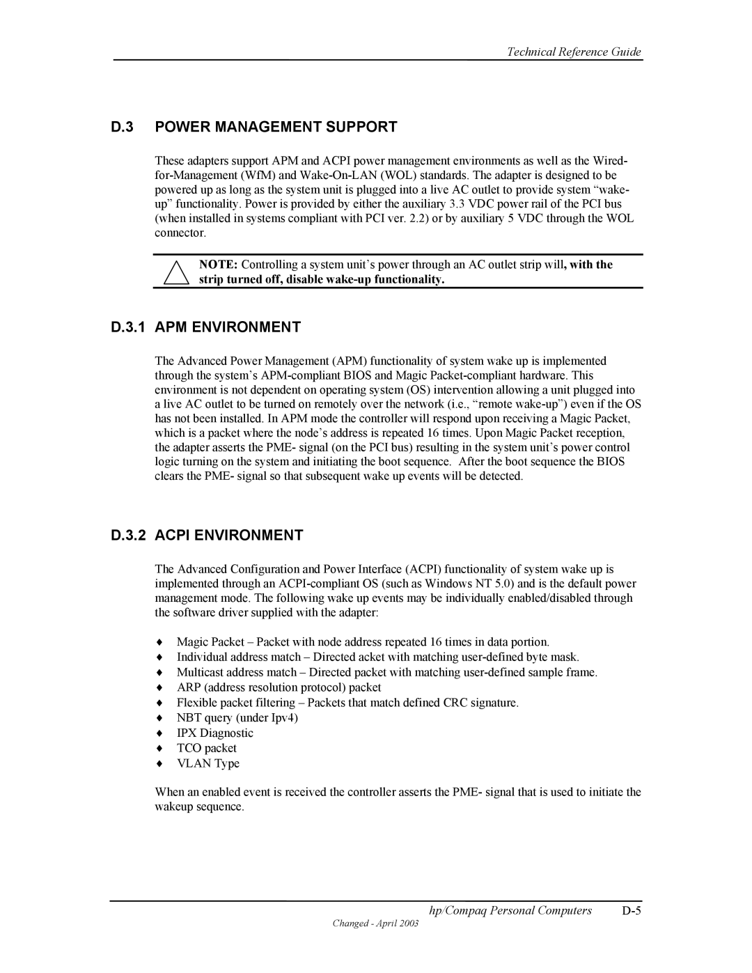 HP D315 manual APM Environment, Acpi Environment 