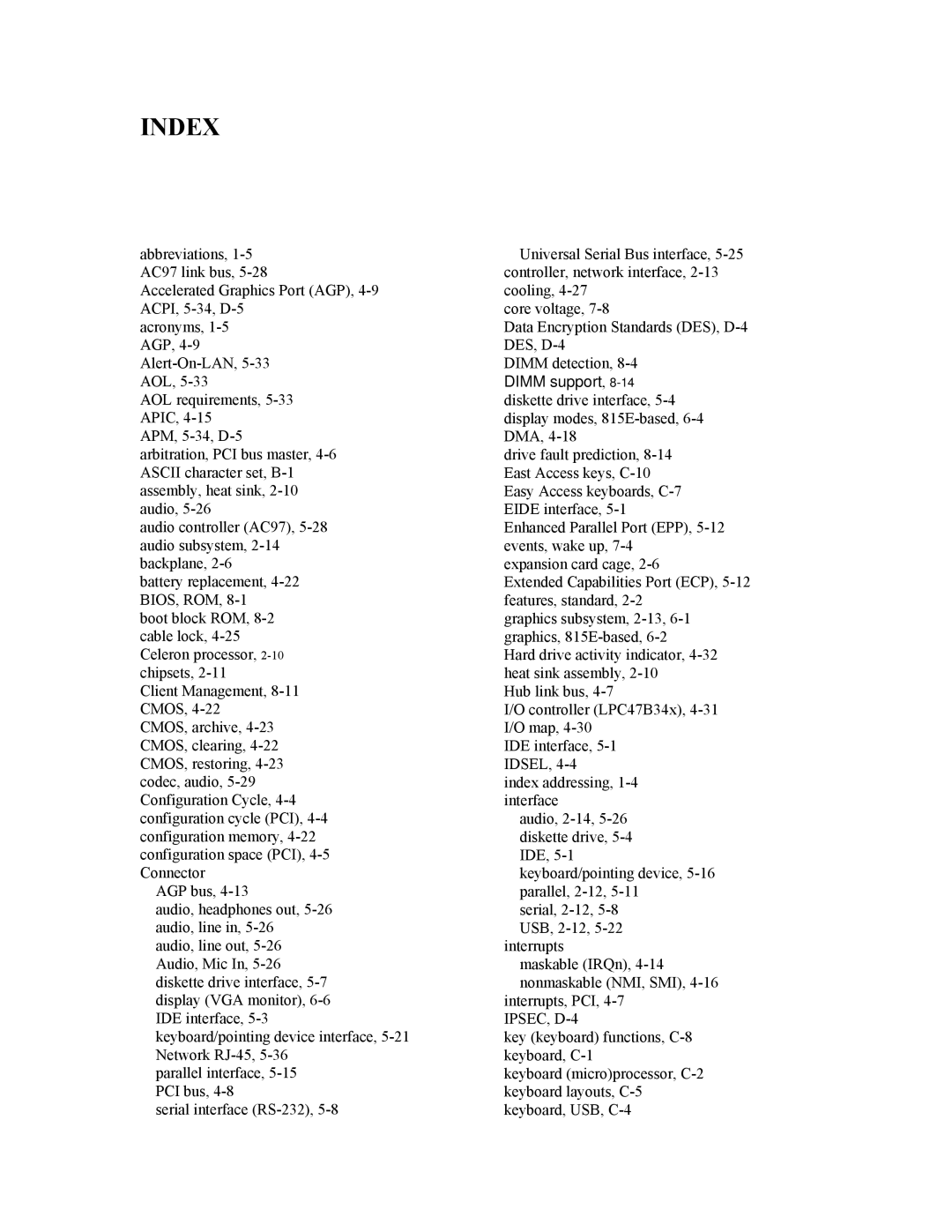 HP D315 manual Index, Dimm support 