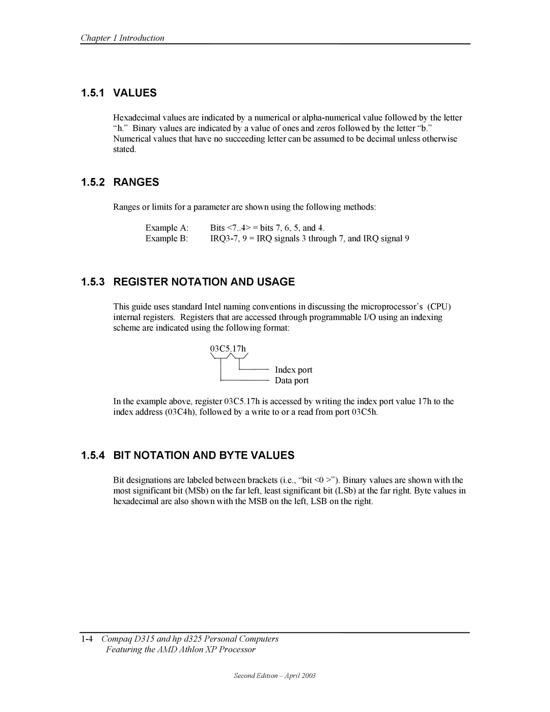 HP D315 manual Ranges, Register Notation and Usage, BIT Notation and Byte Values 