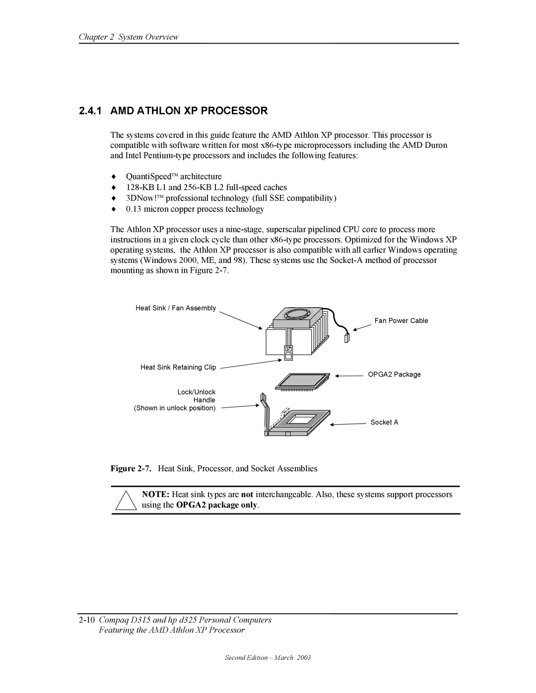 HP D315 manual AMD Athlon XP Processor, Heat Sink, Processor, and Socket Assemblies 