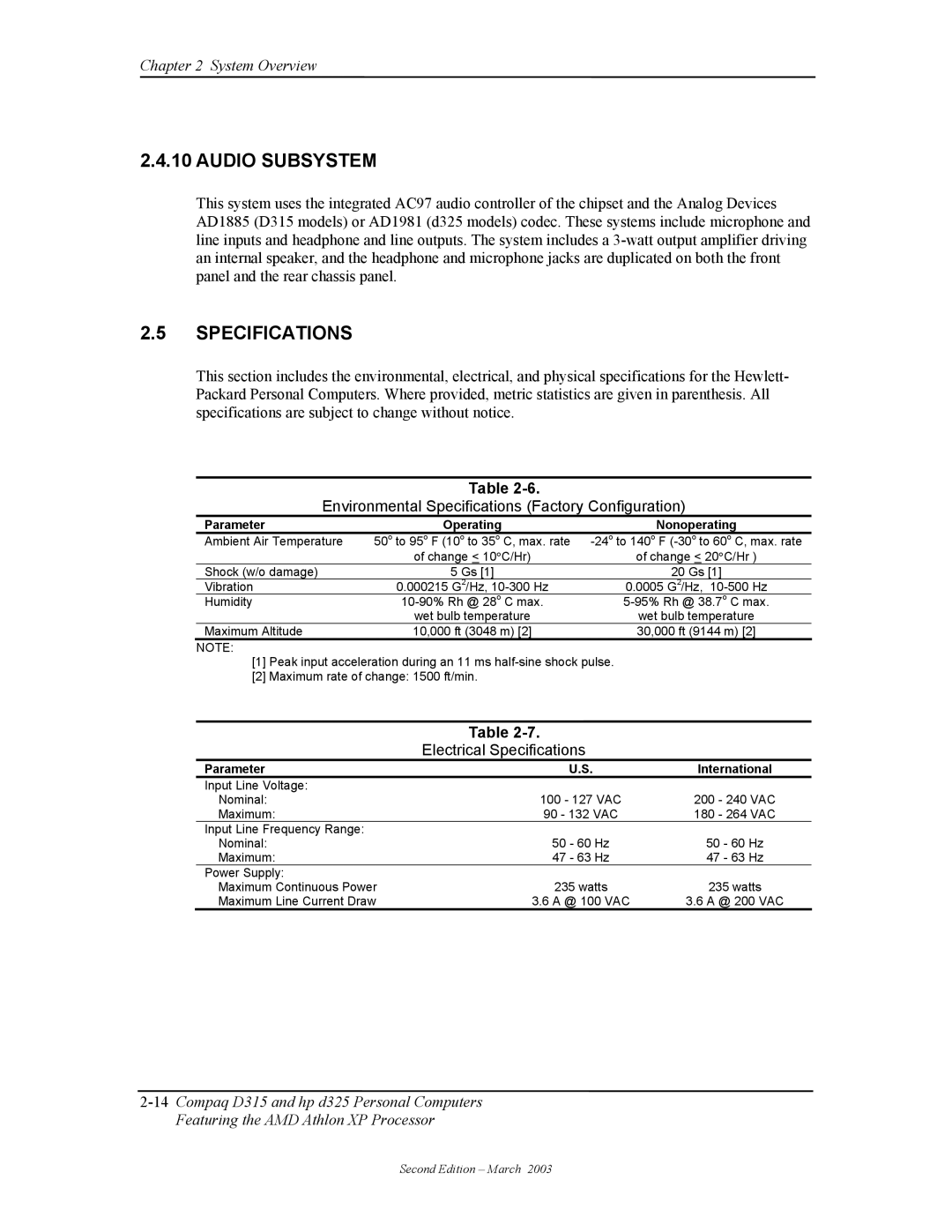 HP D315 manual Audio Subsystem, Environmental Specifications Factory Configuration, Electrical Specifications 