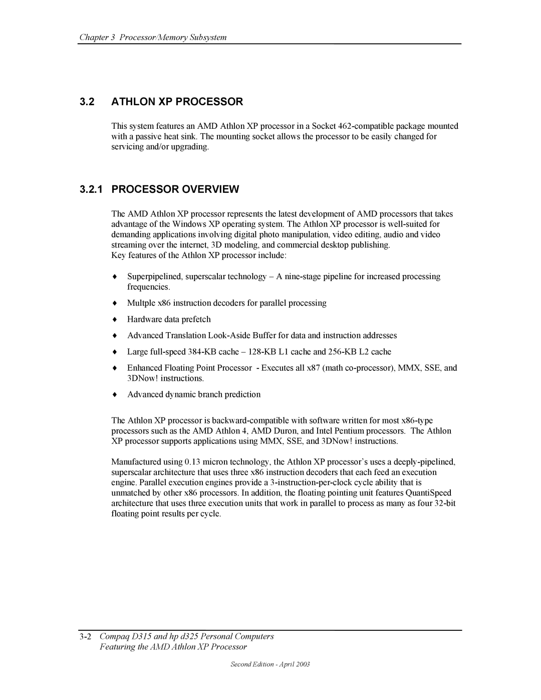 HP D315 manual Athlon XP Processor, Processor Overview 