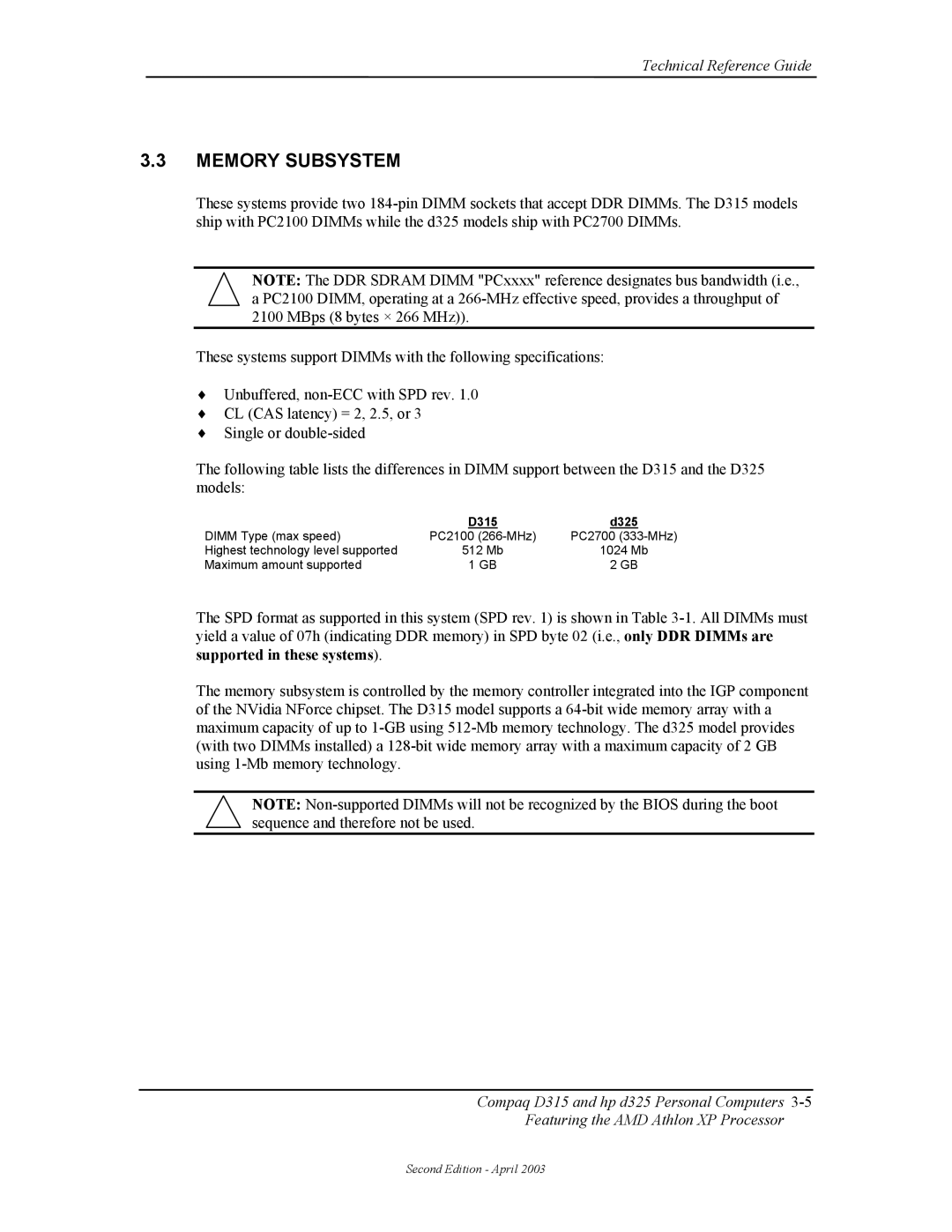 HP D315 manual Memory Subsystem 