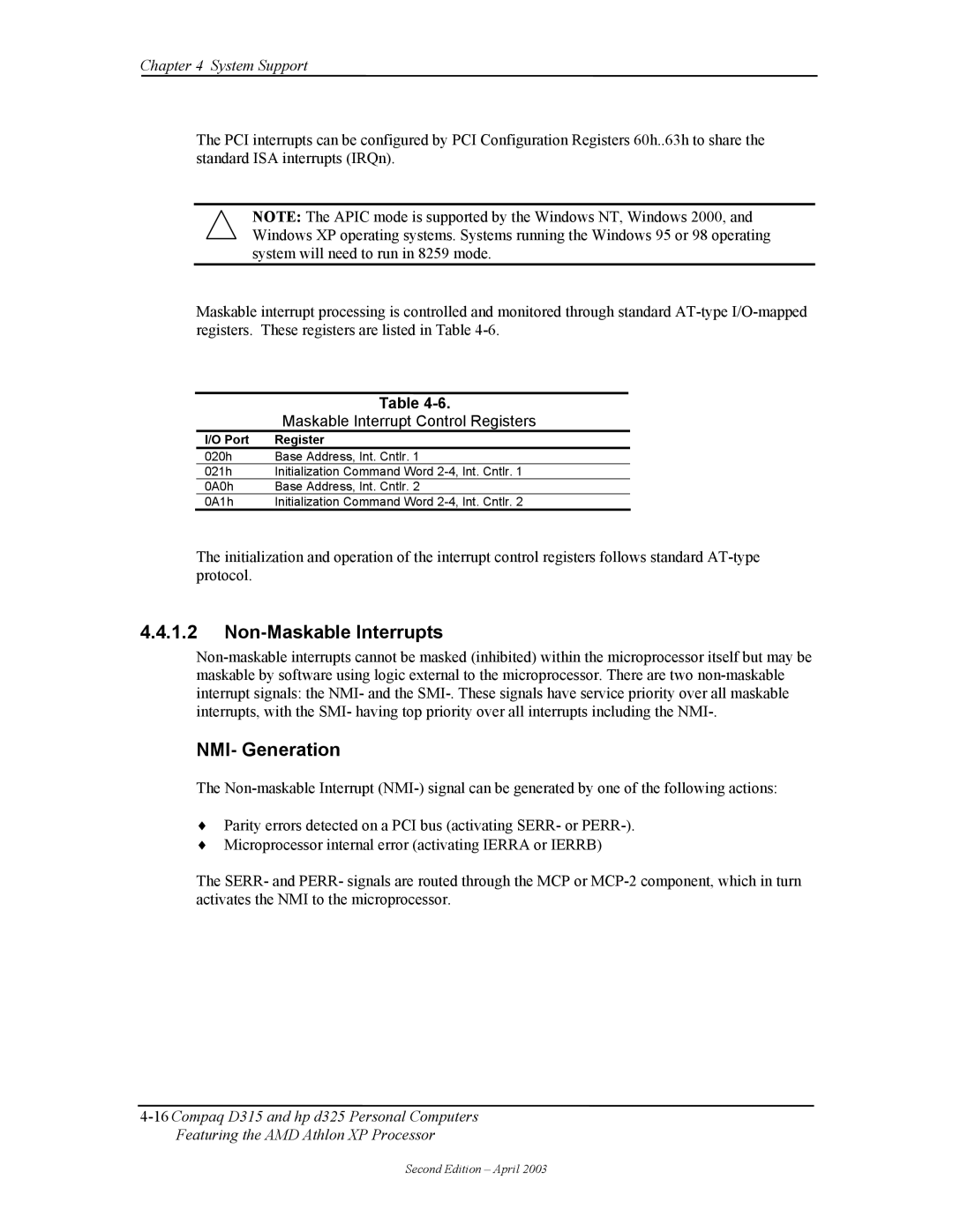 HP D315 manual Non-Maskable Interrupts, NMI- Generation, Maskable Interrupt Control Registers, Port Register 