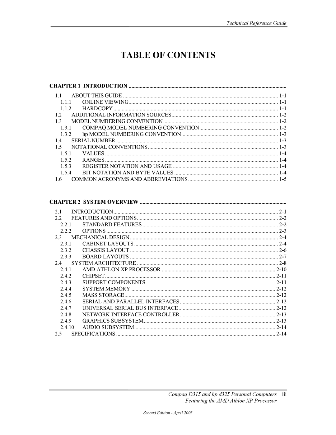 HP D315 manual Table of Contents 