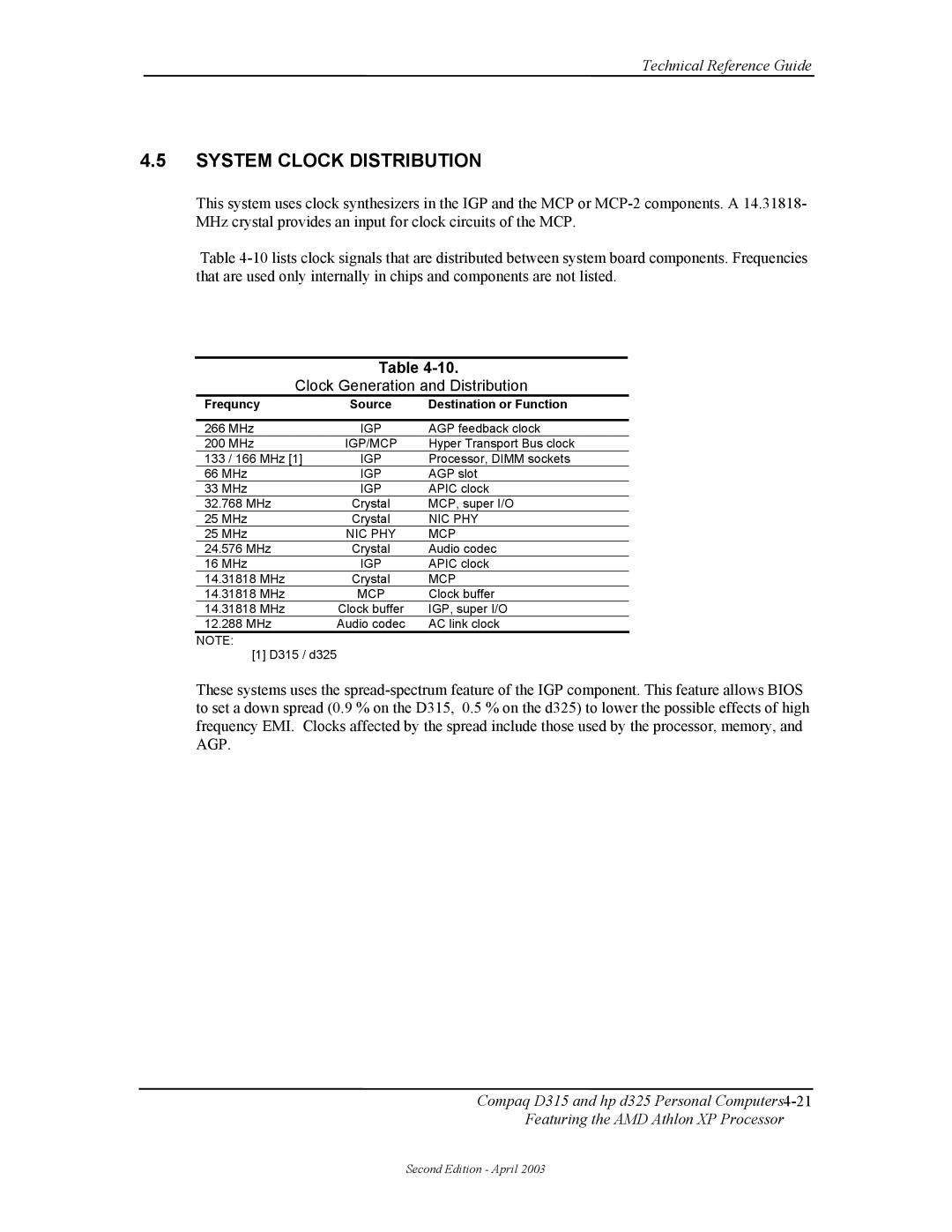 HP D315 manual System Clock Distribution, Clock Generation and Distribution, Frequncy Source Destination or Function 