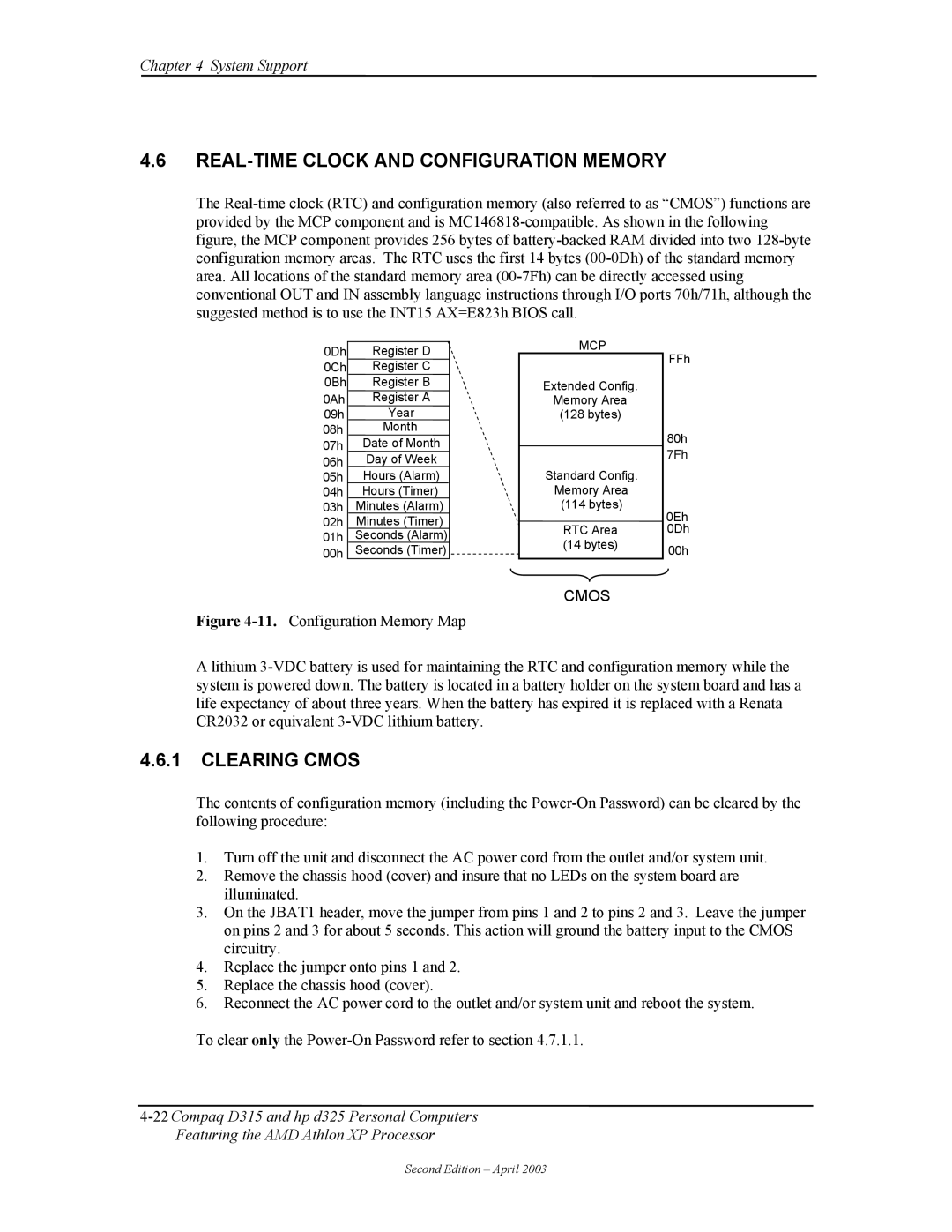 HP D315 manual REAL-TIME Clock and Configuration Memory, Clearing Cmos 